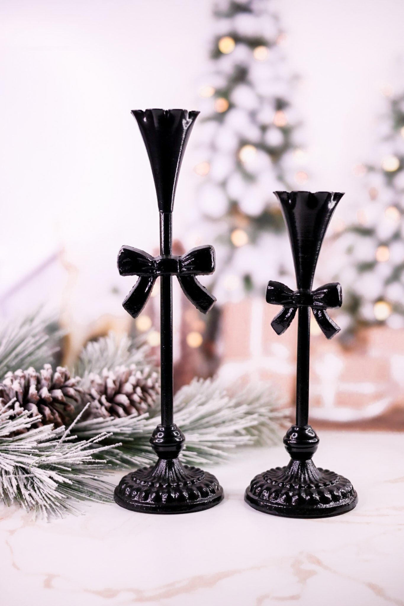 Scalloped Edge Candle Sticks With Bow Accent (2 Sizes) - Whiskey Skies - RAZ IMPORTS