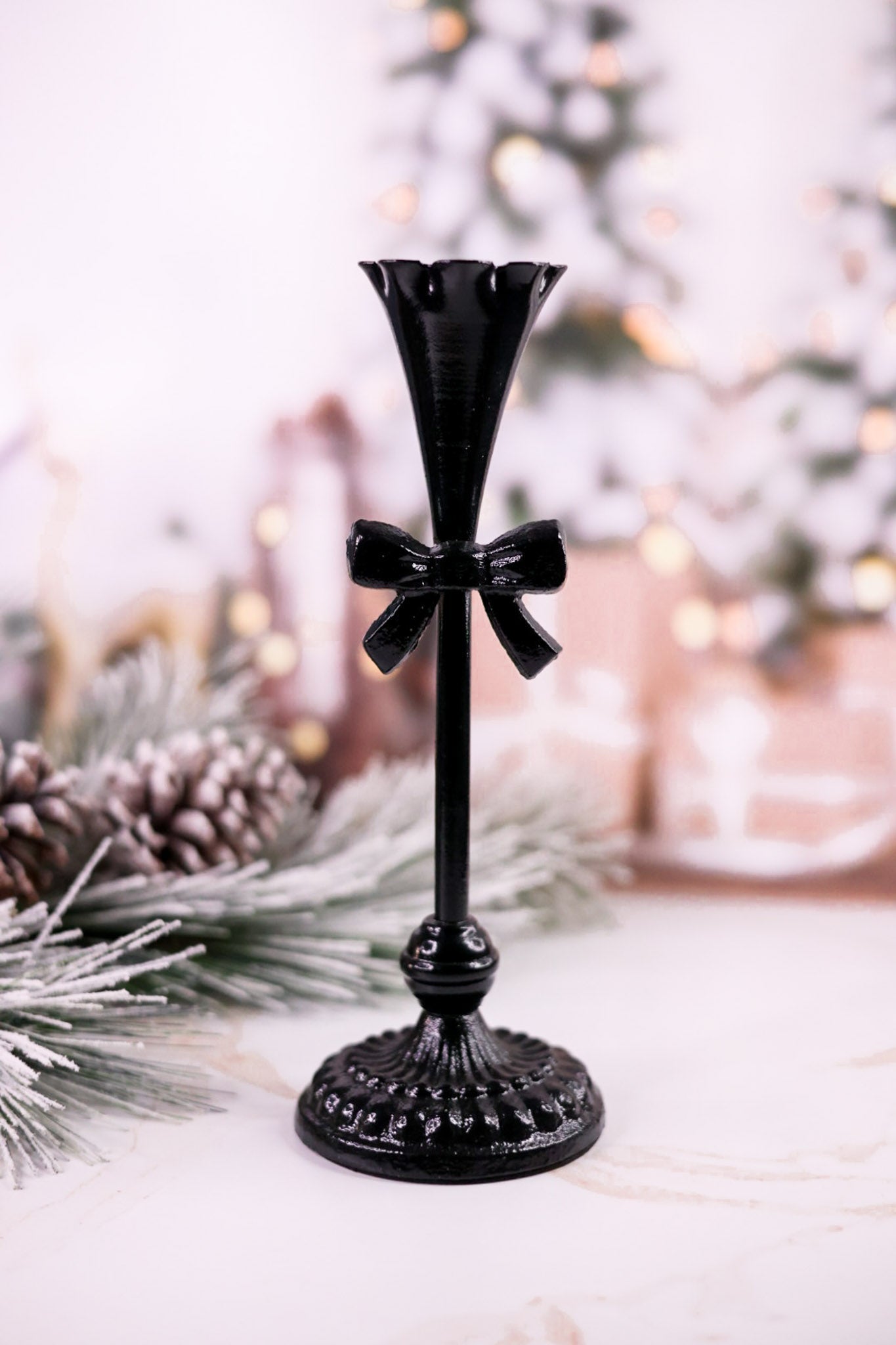 Scalloped Edge Candle Sticks With Bow Accent (2 Sizes) - Whiskey Skies - RAZ IMPORTS
