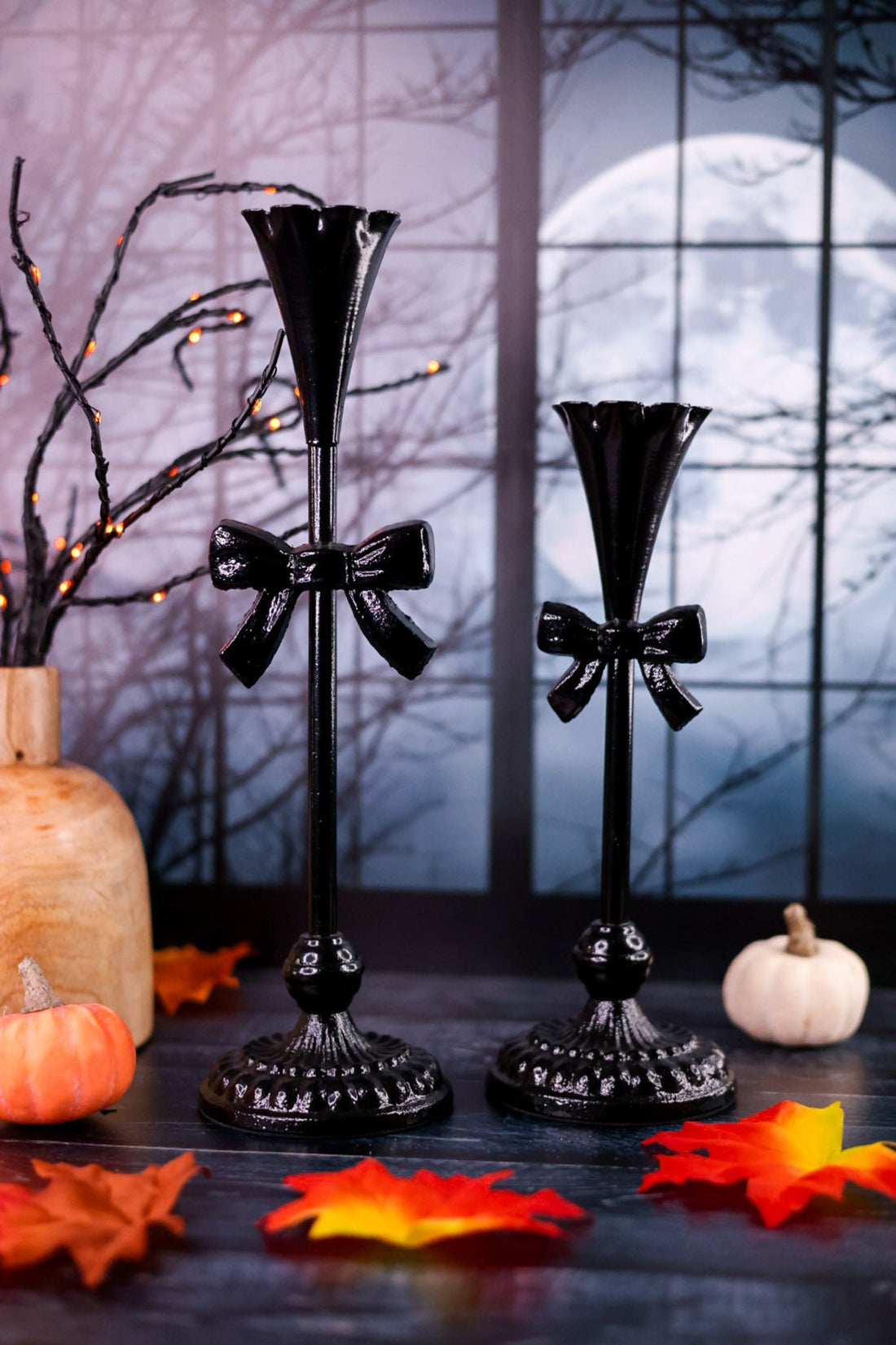 Scalloped Edge Candle Sticks With Bow Accent (2 Sizes) - Whiskey Skies - RAZ IMPORTS