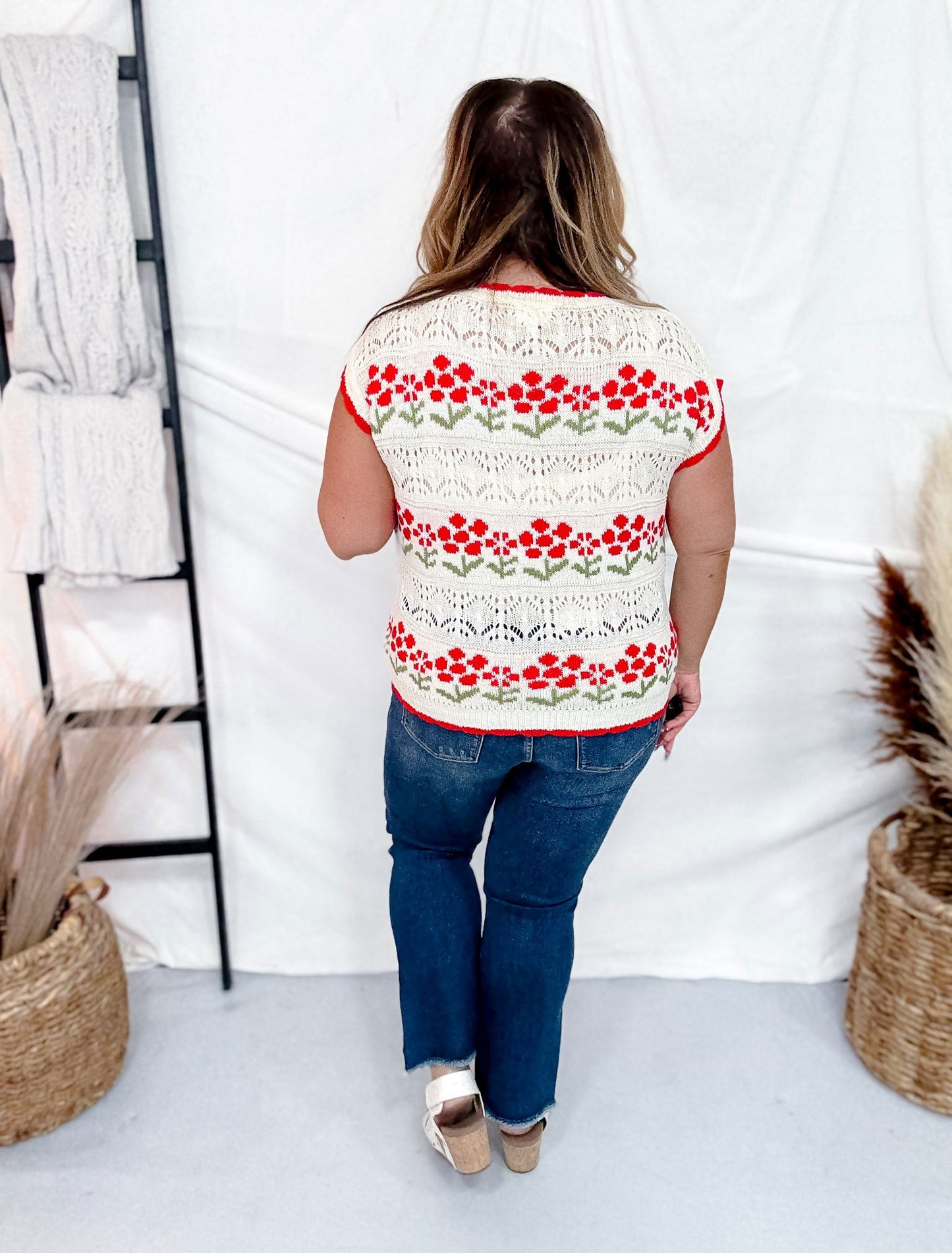 Scalloped Edge Flower Printed Crochet Short Sleeve Top - Whiskey Skies - BIBI