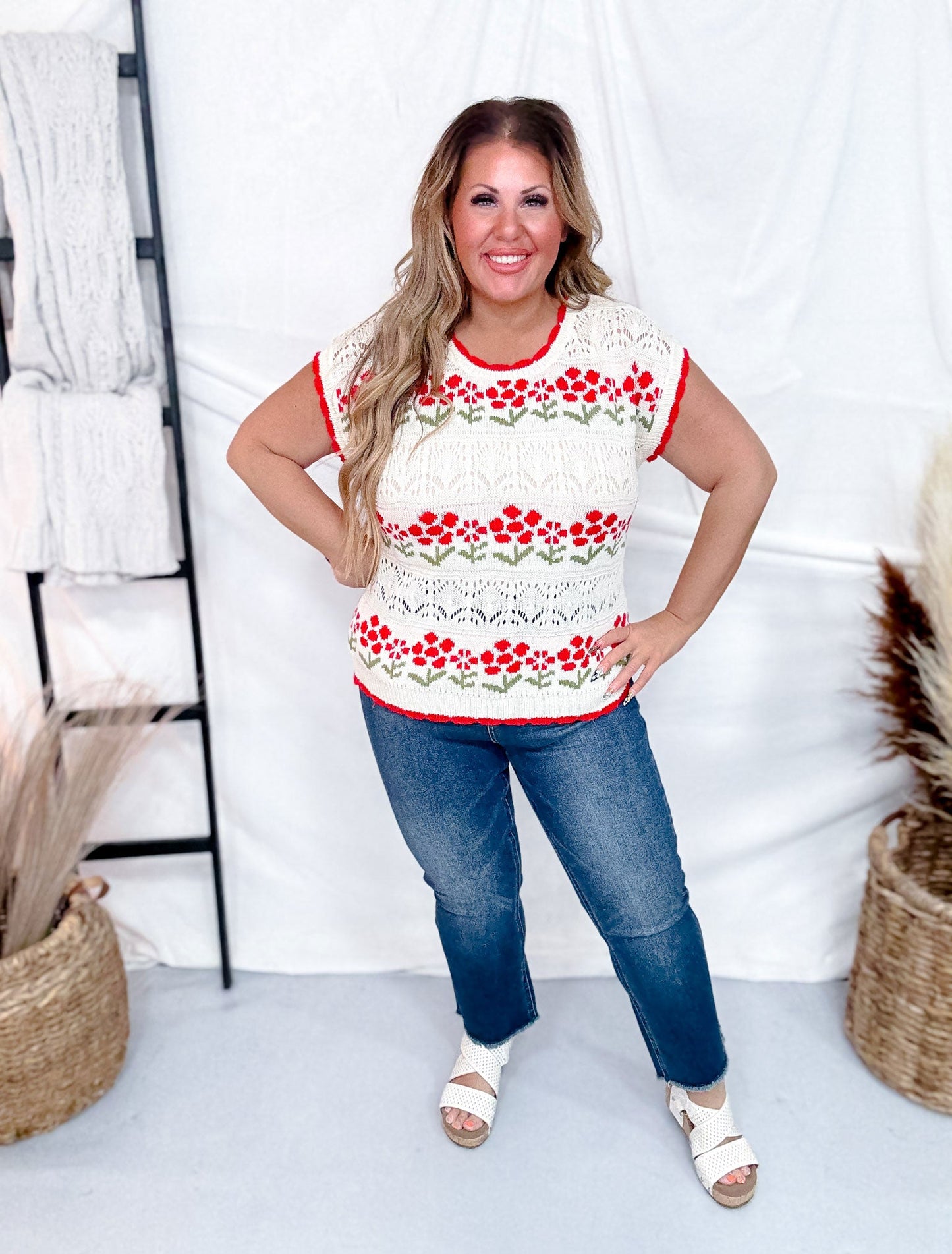 Scalloped Edge Flower Printed Crochet Short Sleeve Top - Whiskey Skies - BIBI