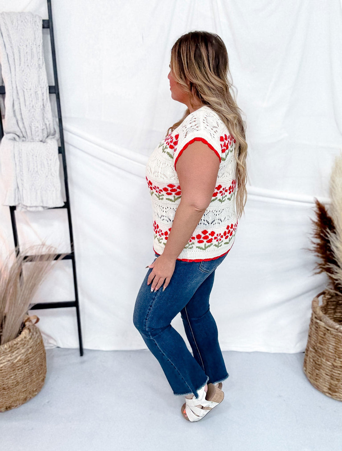 Scalloped Edge Flower Printed Crochet Short Sleeve Top - Whiskey Skies - BIBI