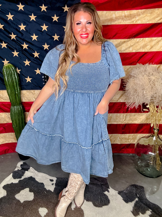 Scoop Neck Denim Dress with Flared Short Sleeves - Whiskey Skies - DAVI & DANI