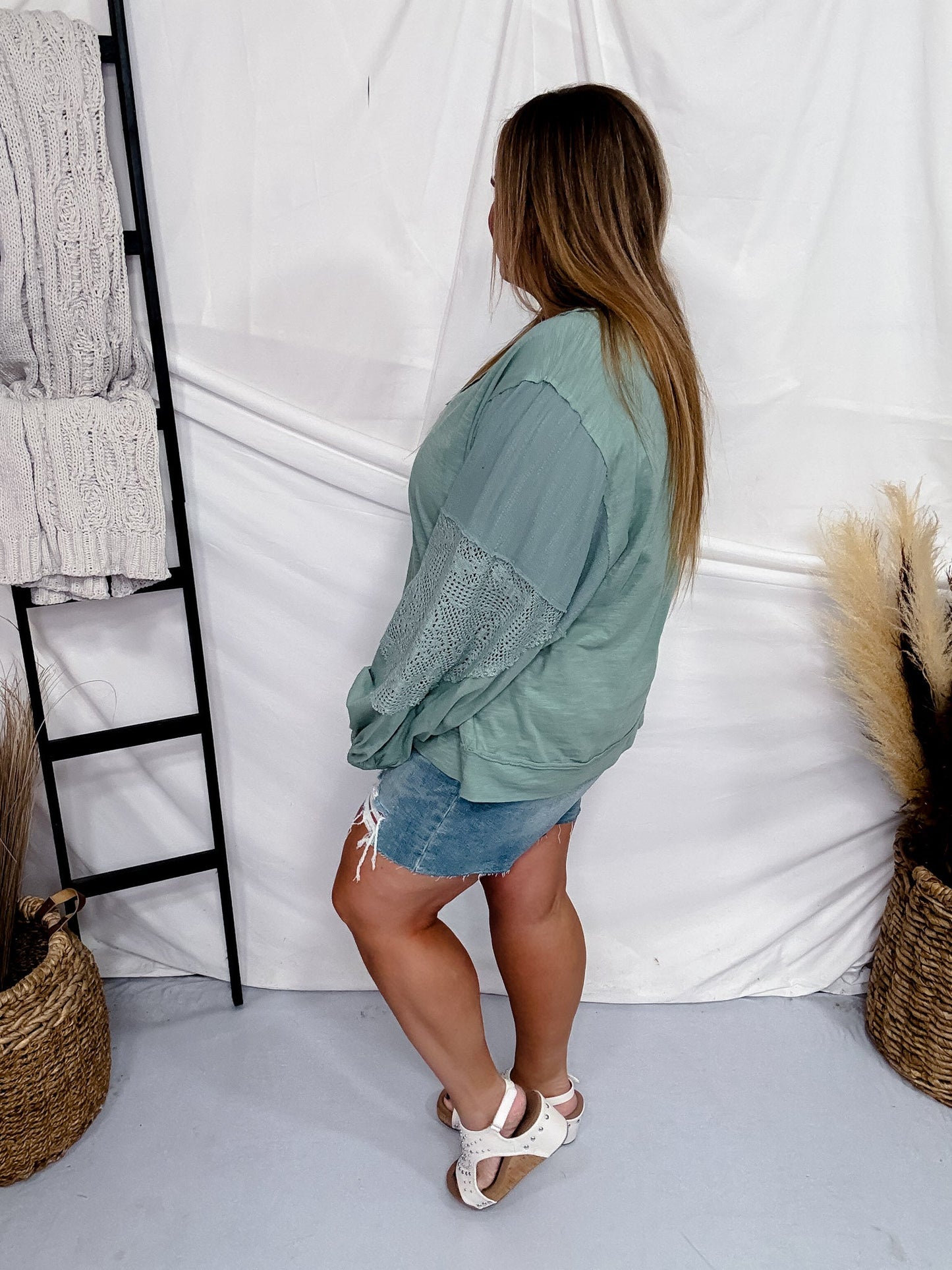 Seafoam Slub Jersey Long Sleeve Top With Lace Trim - Whiskey Skies - ODDI