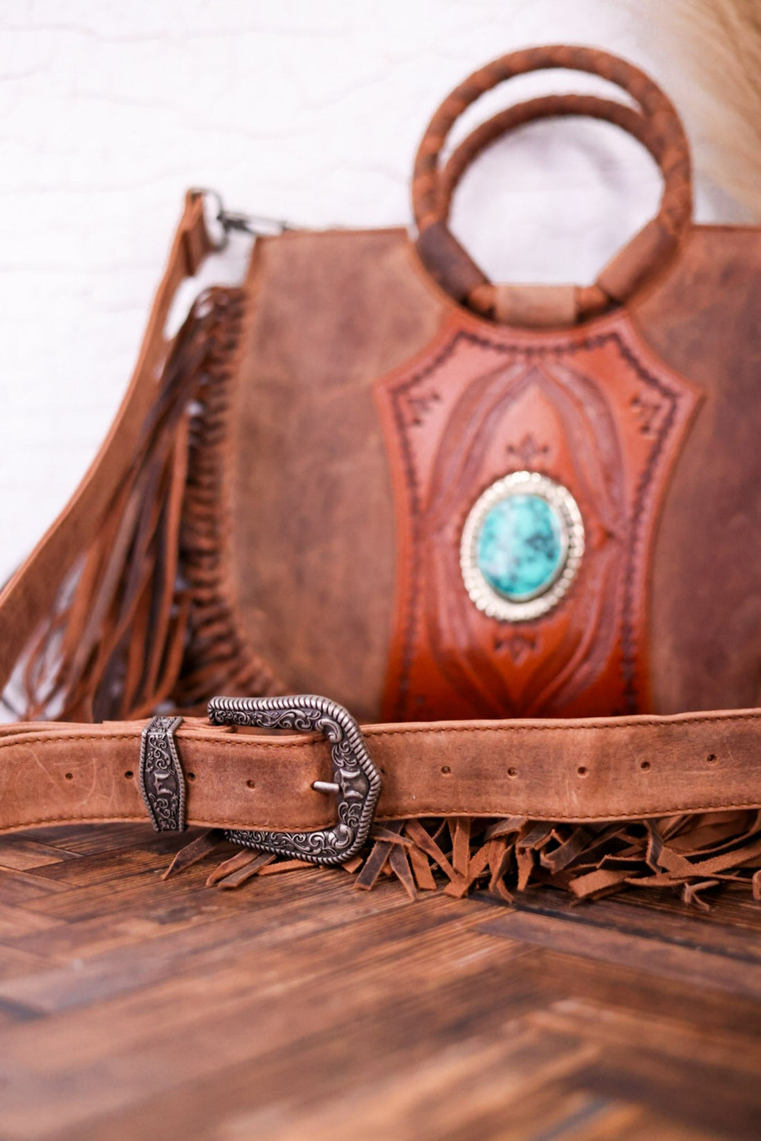 Sedona Calfskin Bag with Tassels and Turquoise - Whiskey Skies - LOYAL WEST