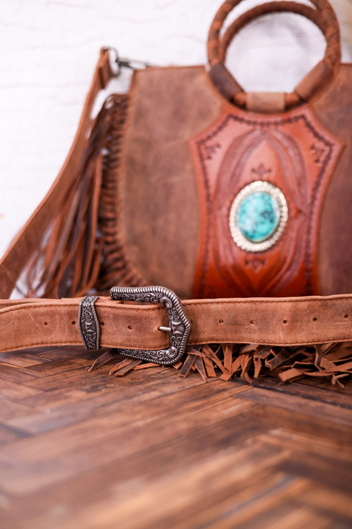 Sedona Calfskin Bag with Tassels and Turquoise - Whiskey Skies - LOYAL WEST