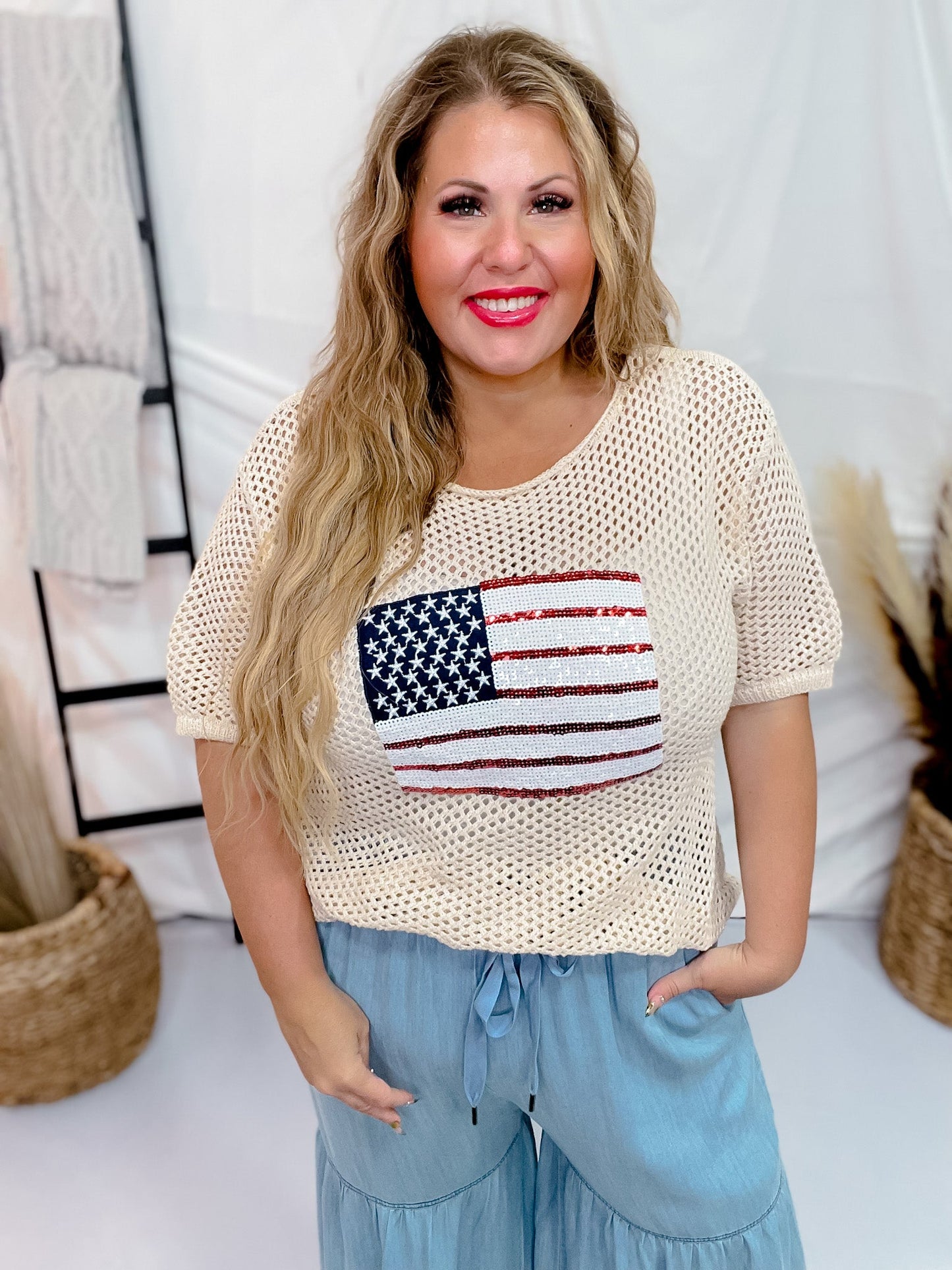 Sequin American Flag Patch Open Knit Top - Whiskey Skies - BIBI