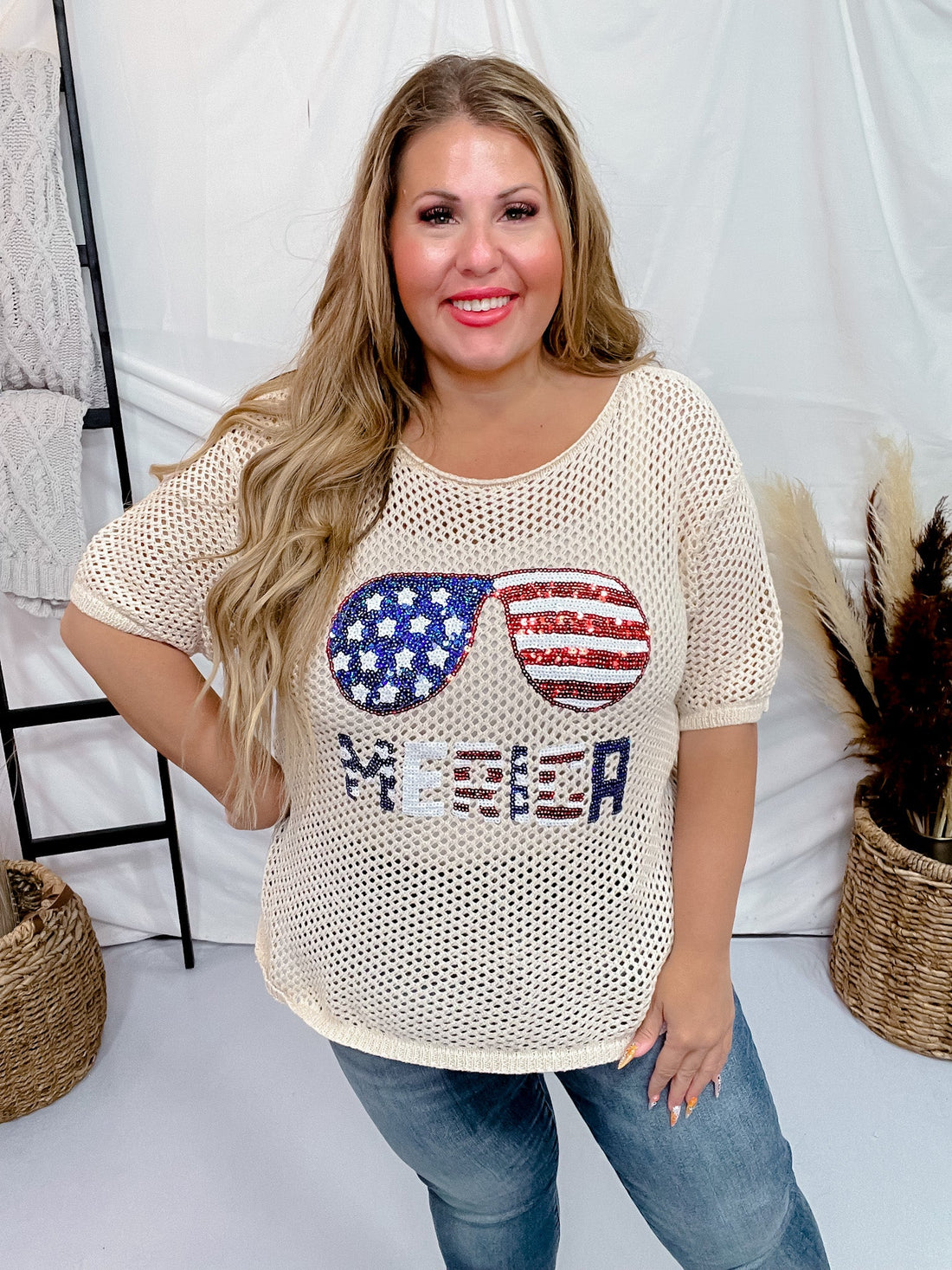 Sequin 'Merica Sunglasses Open Knit Cover Up Top - Whiskey Skies - BIBI
