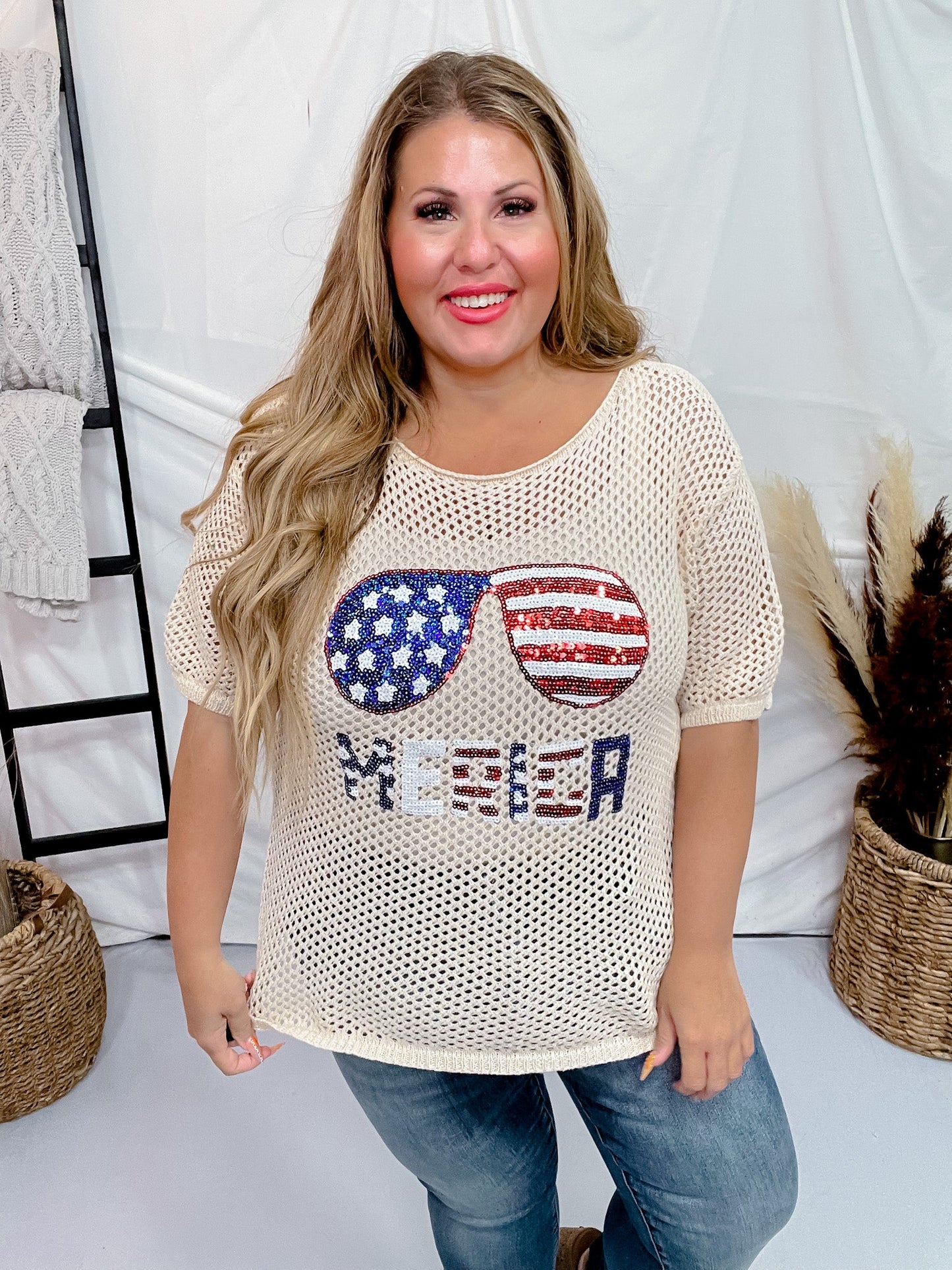 Sequin 'Merica Sunglasses Open Knit Cover Up Top - Whiskey Skies - BIBI