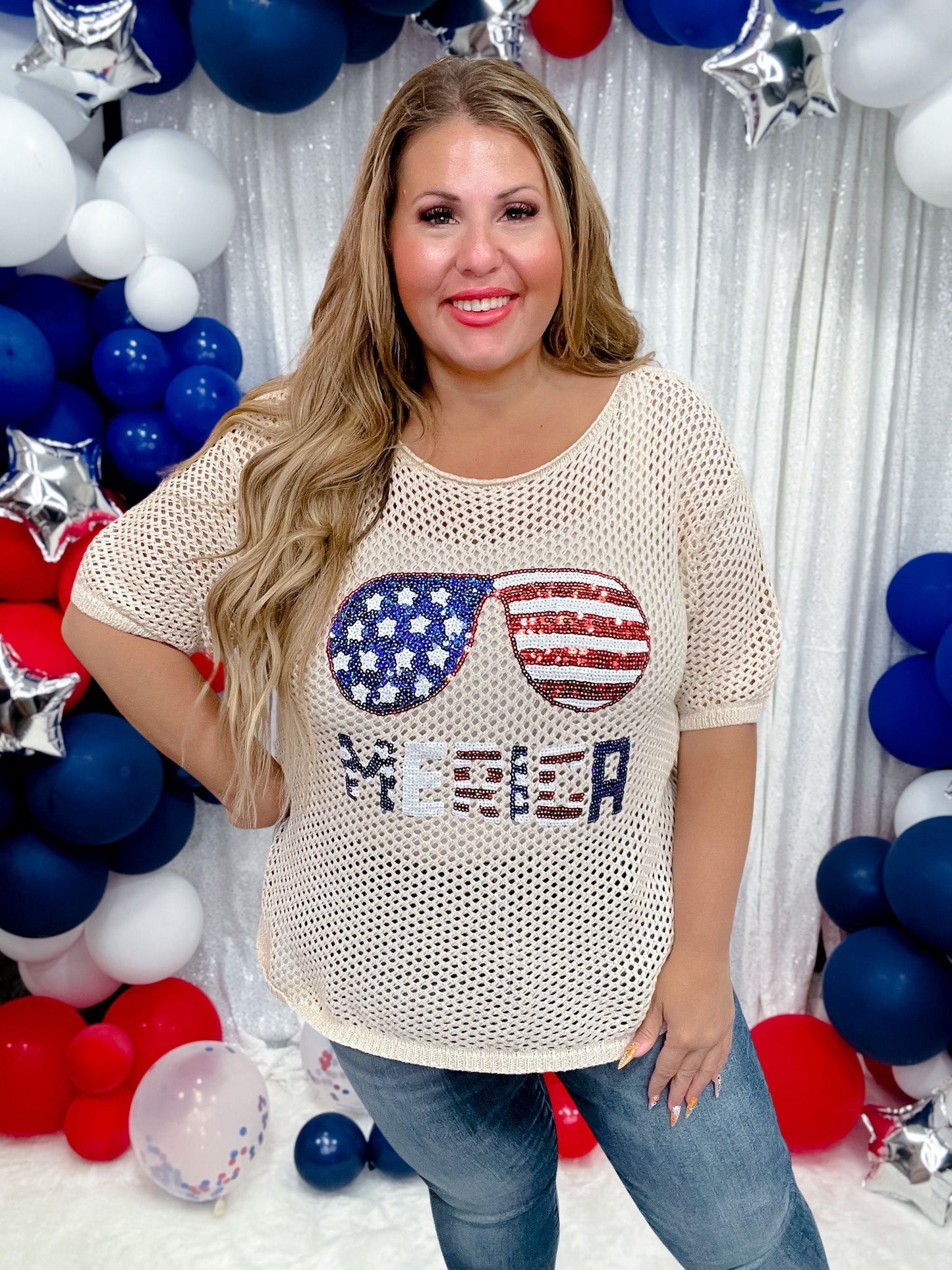Sequin 'Merica Sunglasses Open Knit Cover Up Top - Whiskey Skies - BIBI
