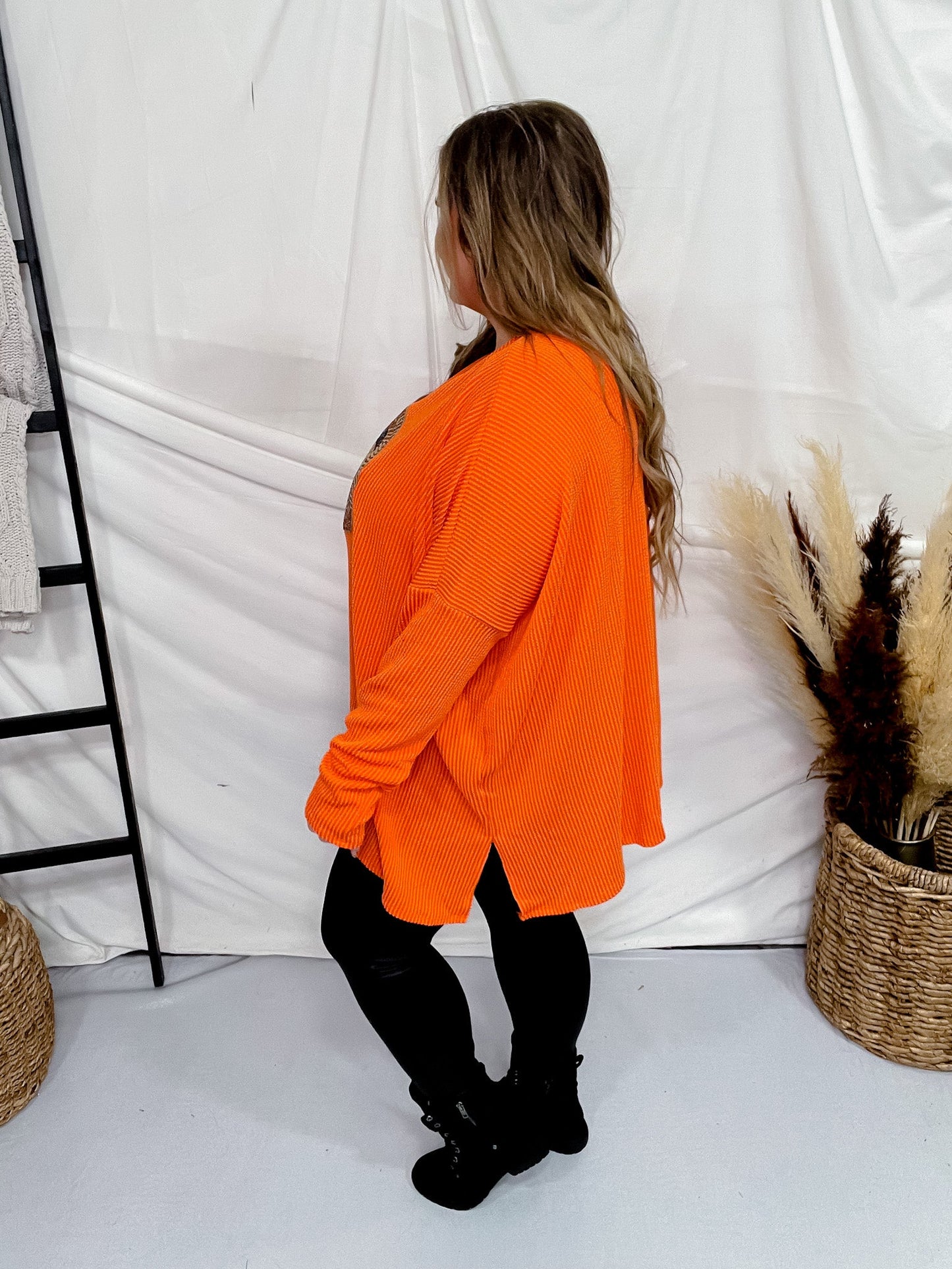 Sequin Pumpkin Patch Ribbed Long Sleeve Top - Whiskey Skies - HEIMISH