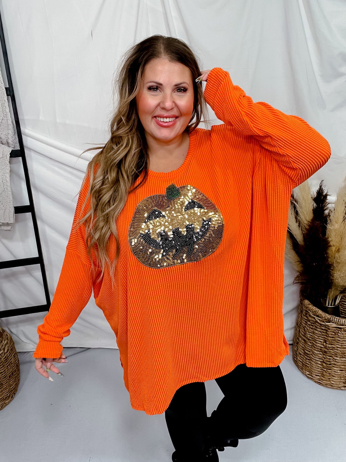 Sequin Pumpkin Patch Ribbed Long Sleeve Top - Whiskey Skies - HEIMISH