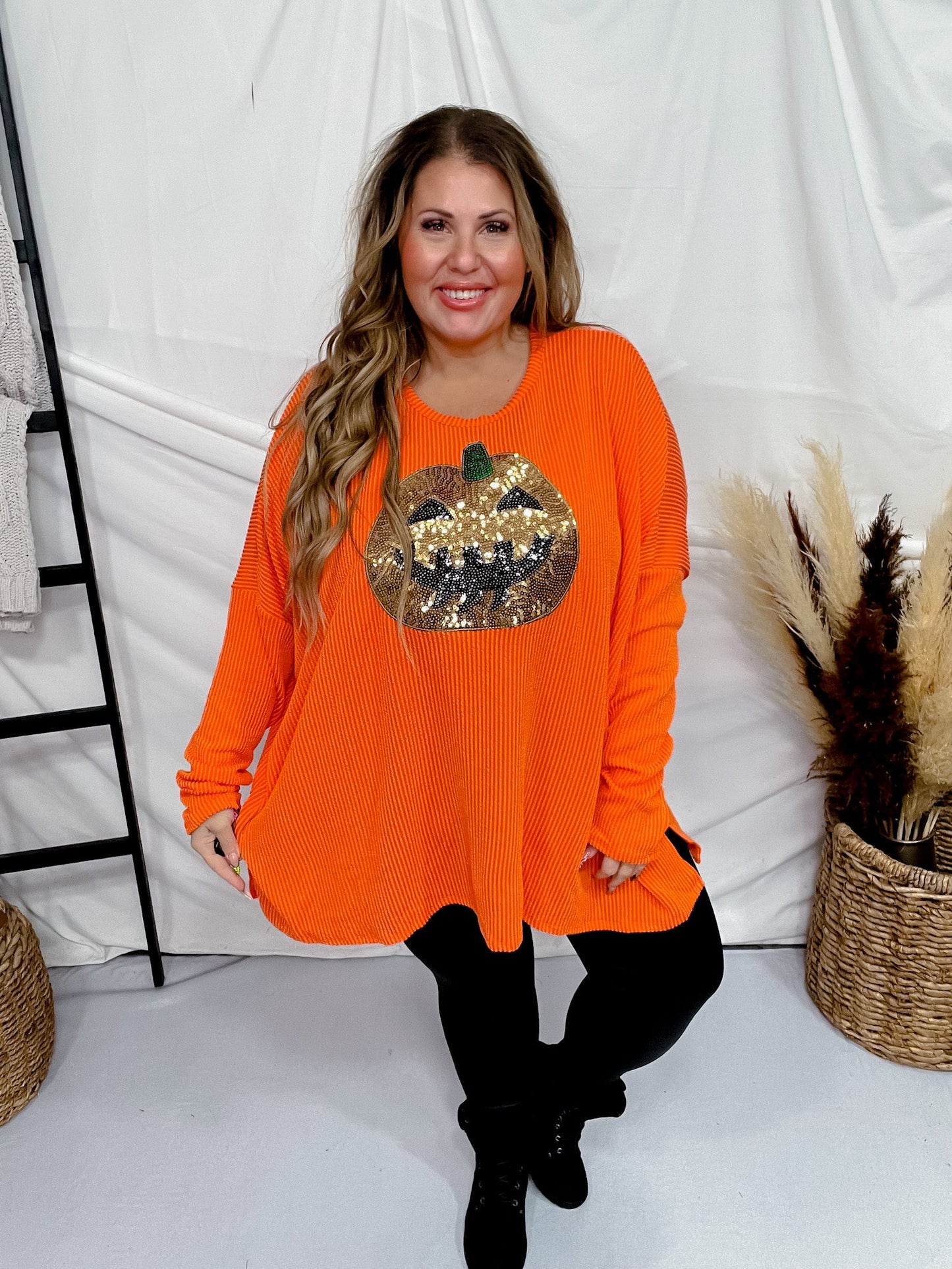 Sequin Pumpkin Patch Ribbed Long Sleeve Top - Whiskey Skies - HEIMISH