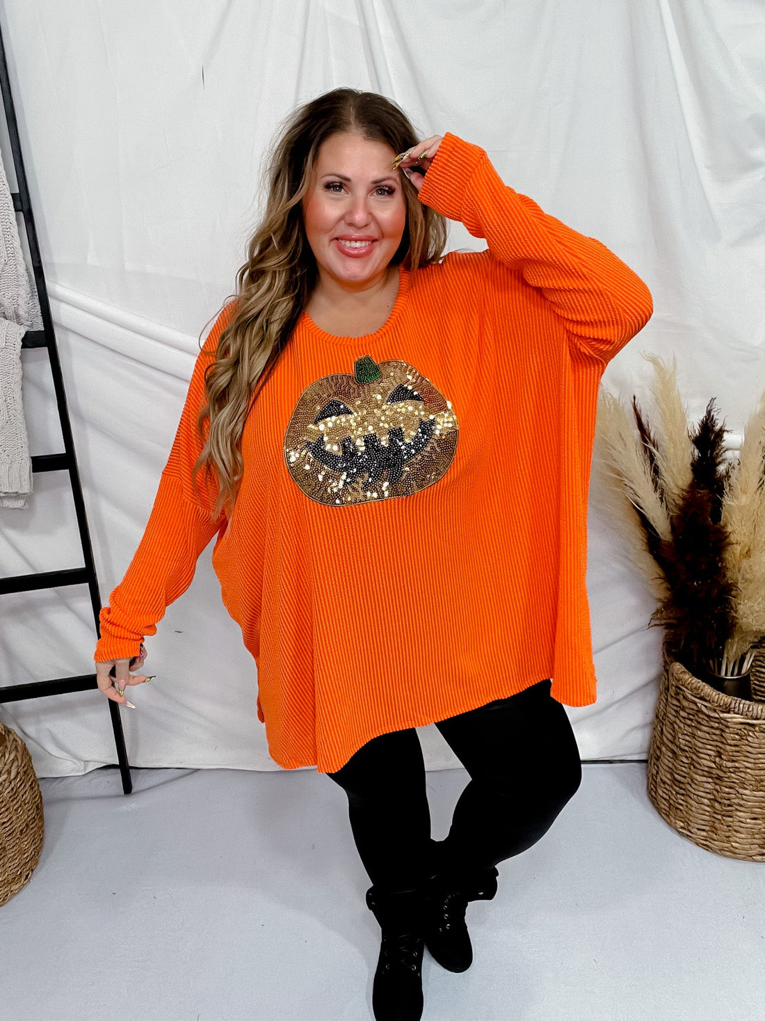 Sequin Pumpkin Patch Ribbed Long Sleeve Top - Whiskey Skies - HEIMISH