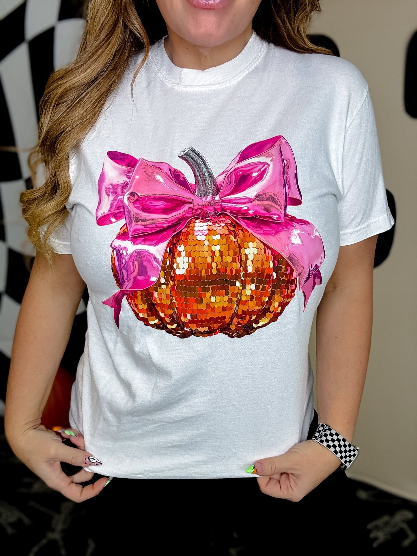 Sequin Pumpkin Pink Bow Graphic T-Shirt - Whiskey Skies - FRONT PORCH BOUTIQUE