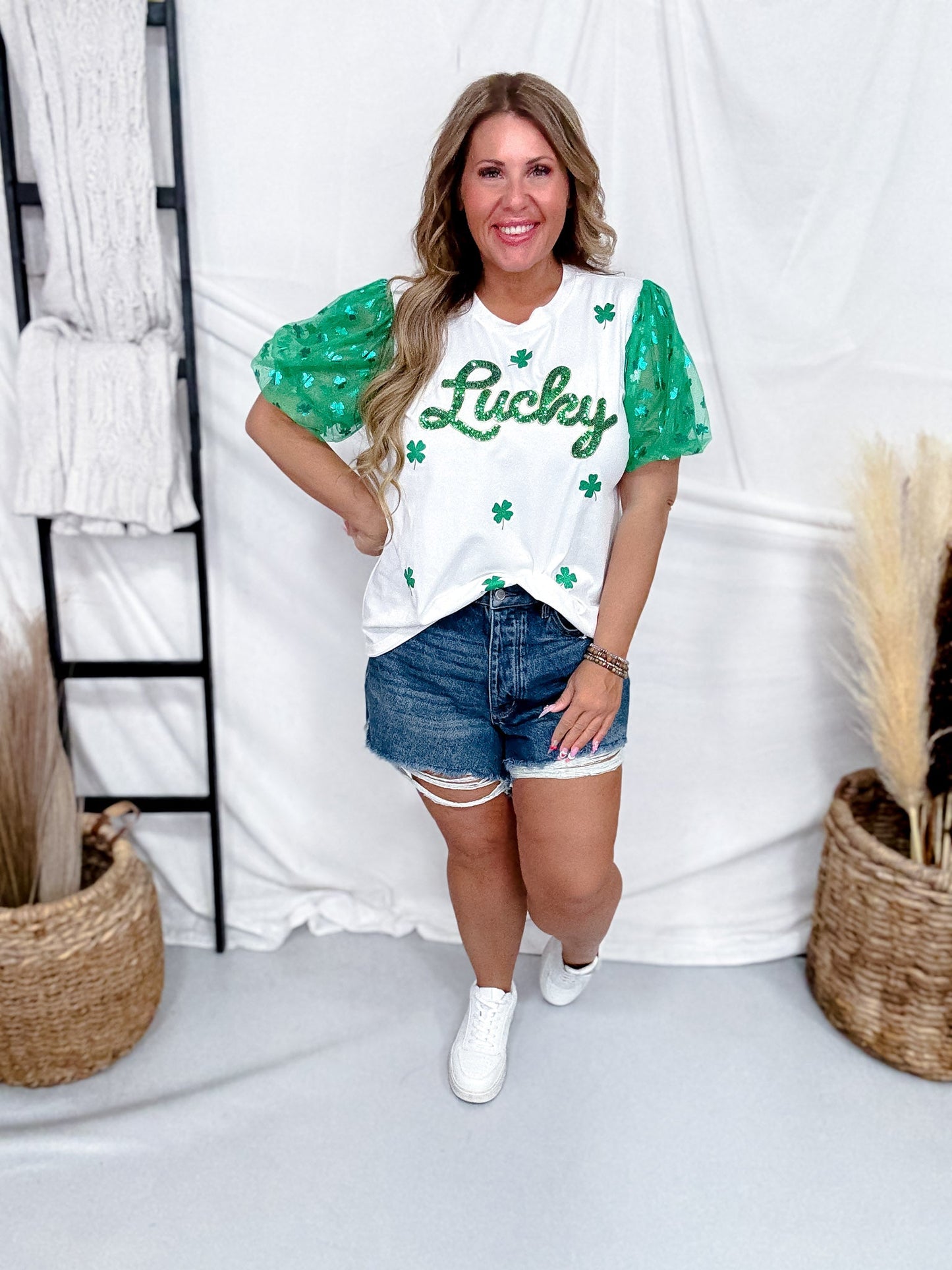 Sequined "Lucky" Top With Tulle Sleeves - Whiskey Skies - SOUTHERN GRACE