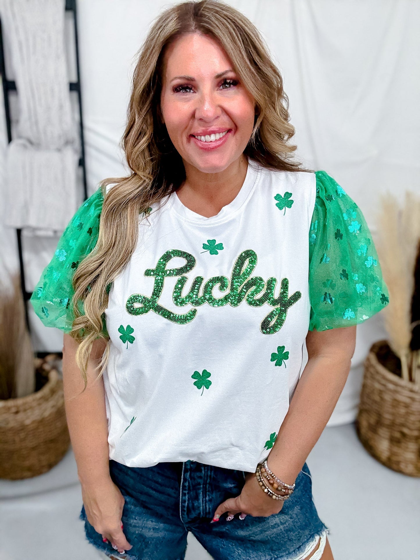 Sequined "Lucky" Top With Tulle Sleeves - Whiskey Skies - SOUTHERN GRACE