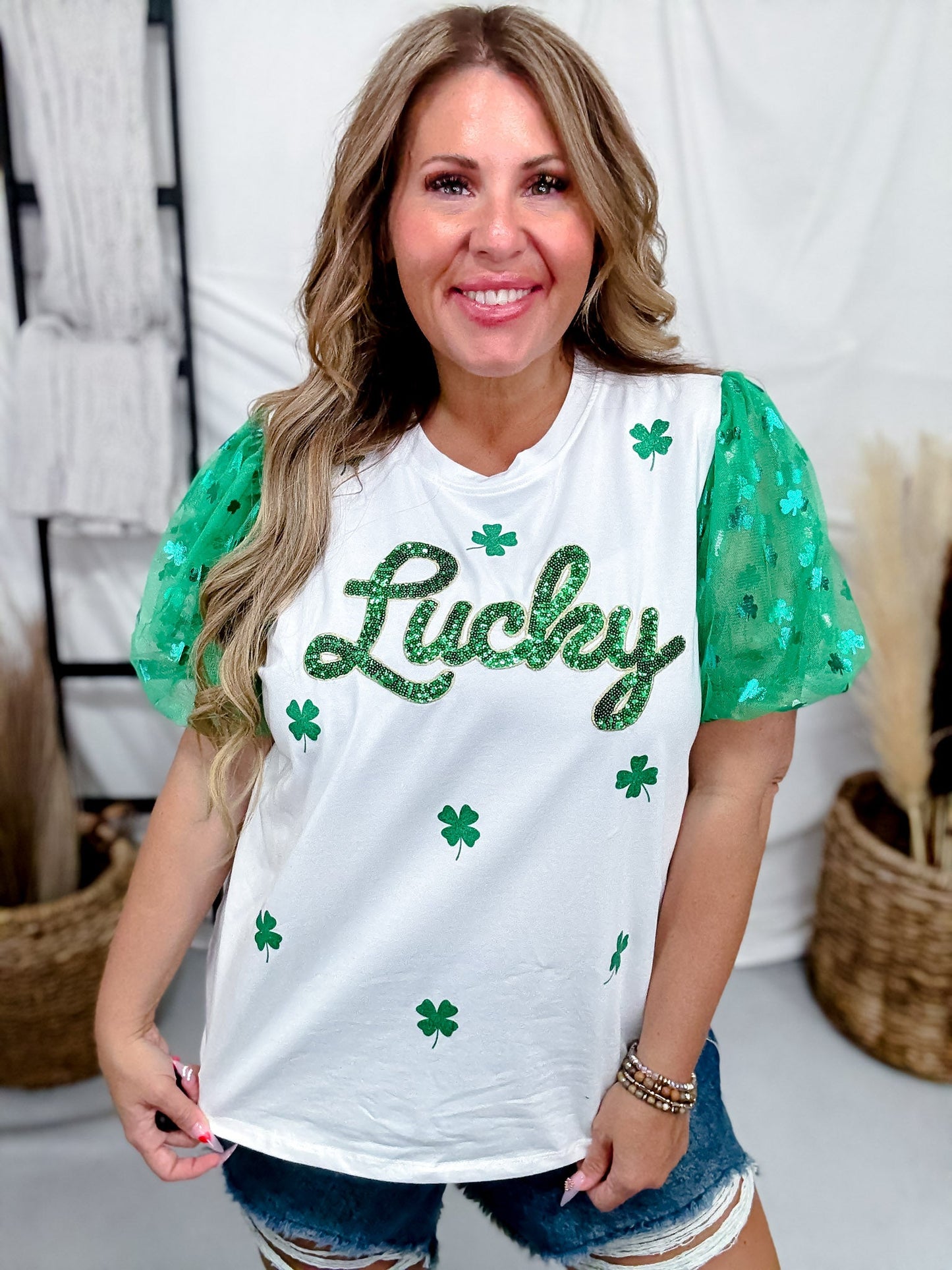 Sequined "Lucky" Top With Tulle Sleeves - Whiskey Skies - SOUTHERN GRACE