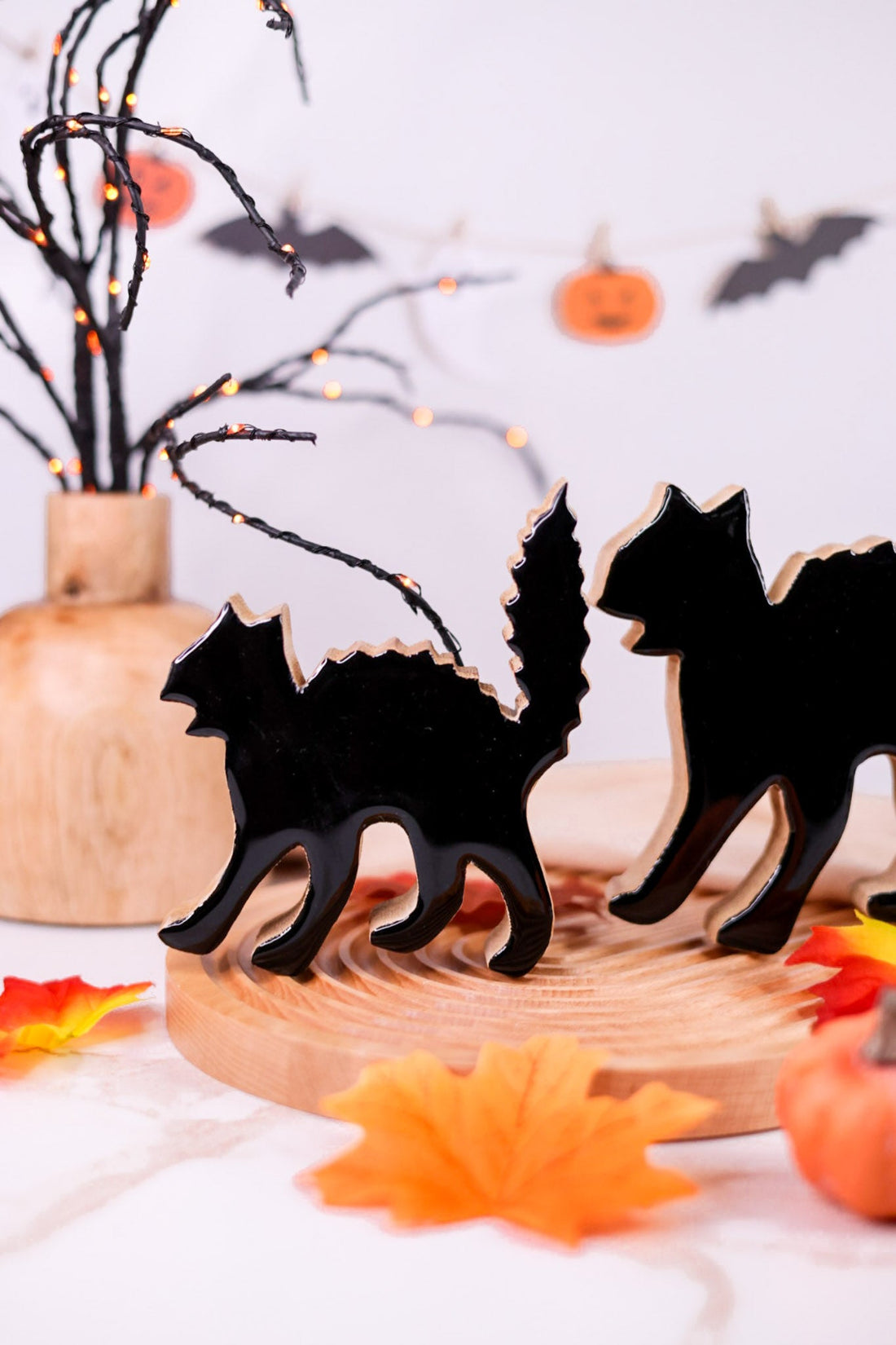 Set of 2 Wood & Enamel Black Cats - Whiskey Skies - WT COLLECTION