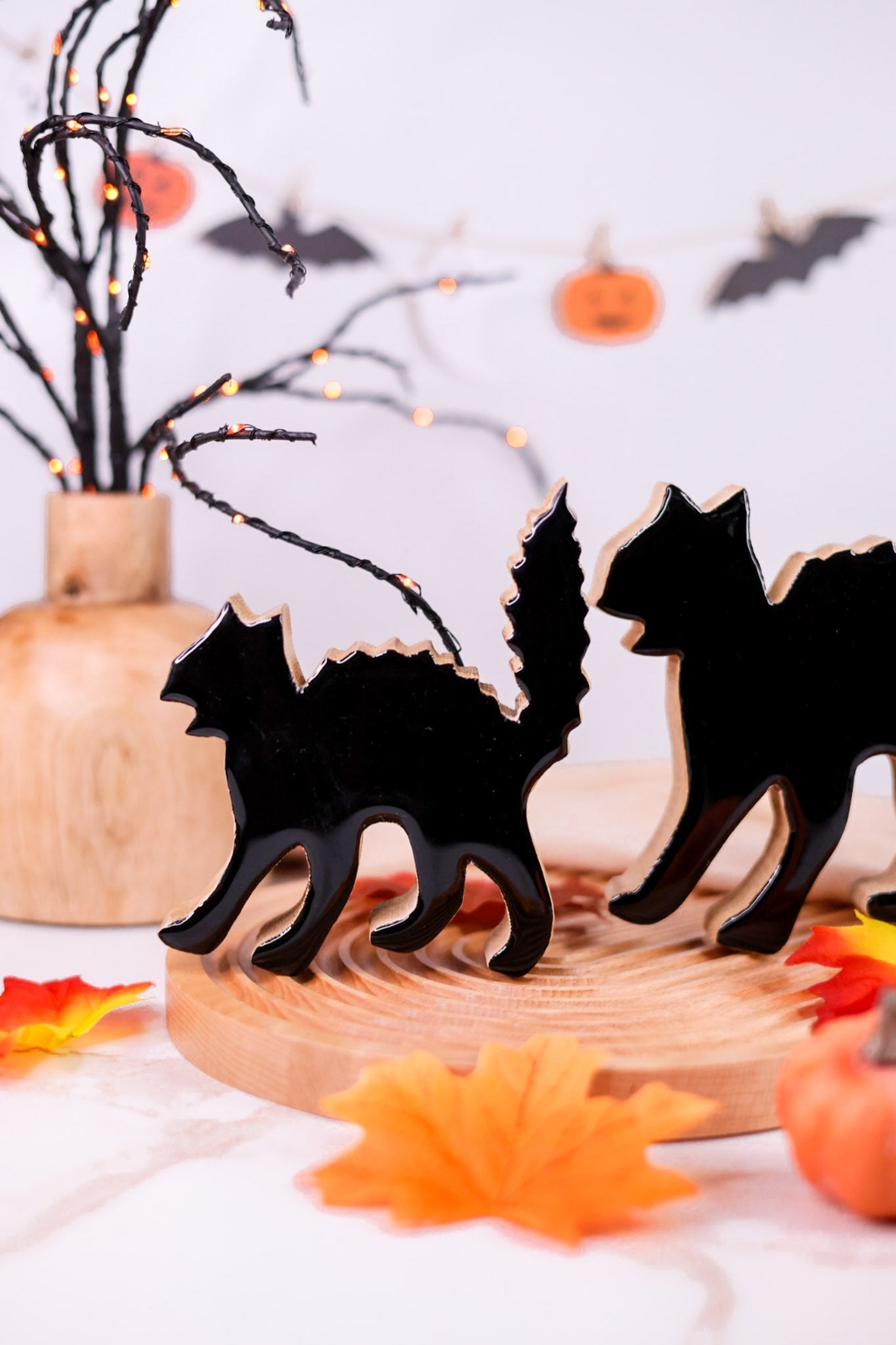 Set of 2 Wood & Enamel Black Cats - Whiskey Skies - WT COLLECTION