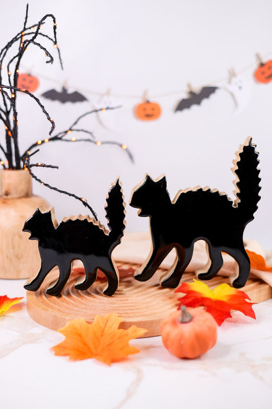 Set of 2 Wood & Enamel Black Cats - Whiskey Skies - WT COLLECTION