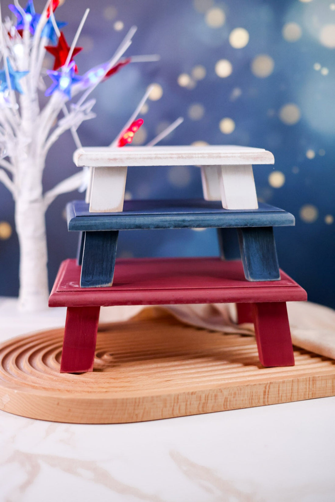 Set of 3 Rustic Red White & Blue Wooden Risers - Whiskey Skies - SPECIAL T IMPORTS INC