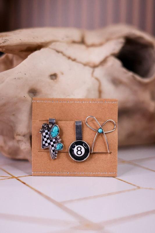Set of 3 Slip On Hat Charms W/ Lightning Bolt & 8 - Ball - Whiskey Skies - BOHO RANCH SHOP