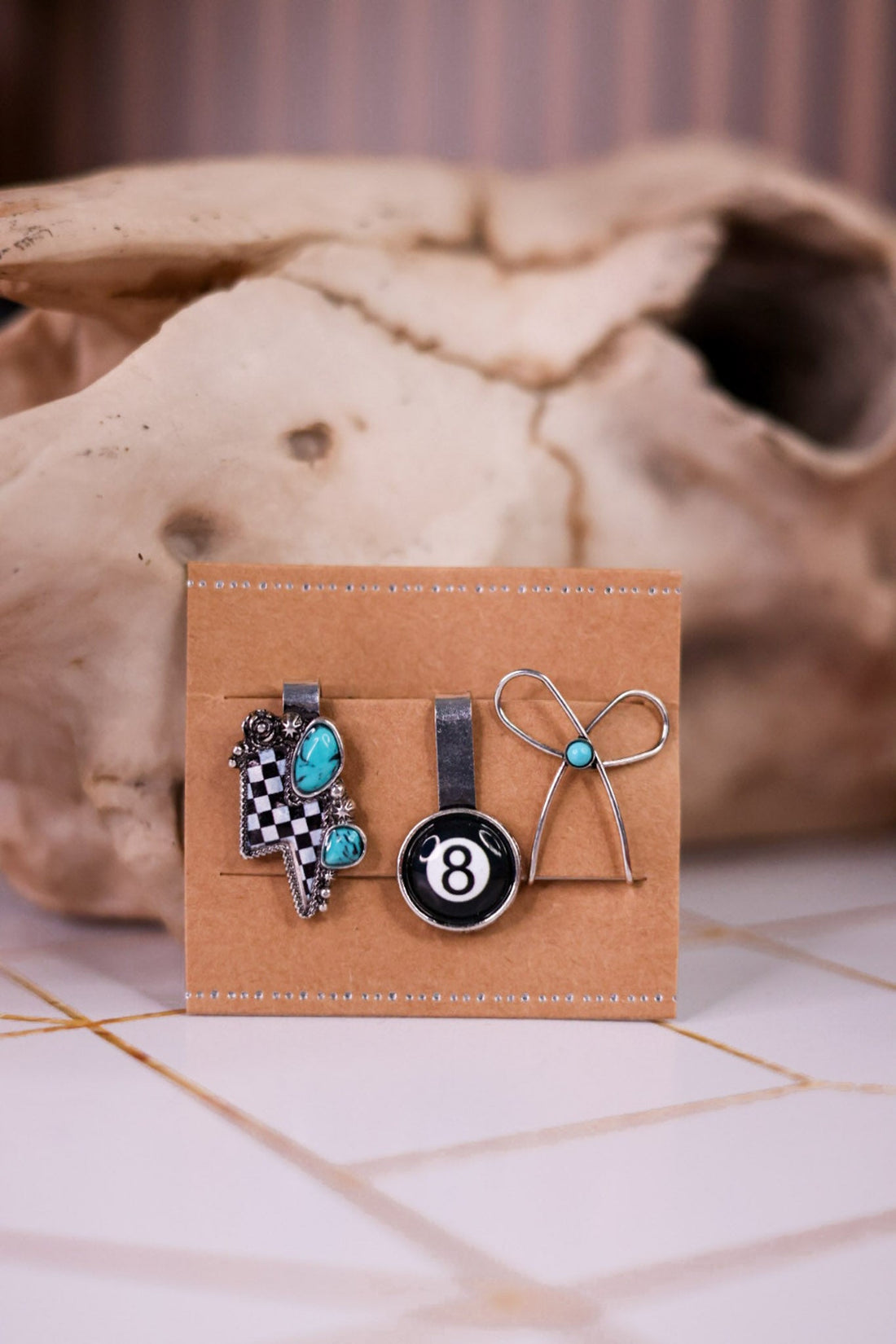 Set of 3 Slip On Hat Charms W/ Lightning Bolt & 8 - Ball - Whiskey Skies - BOHO RANCH SHOP