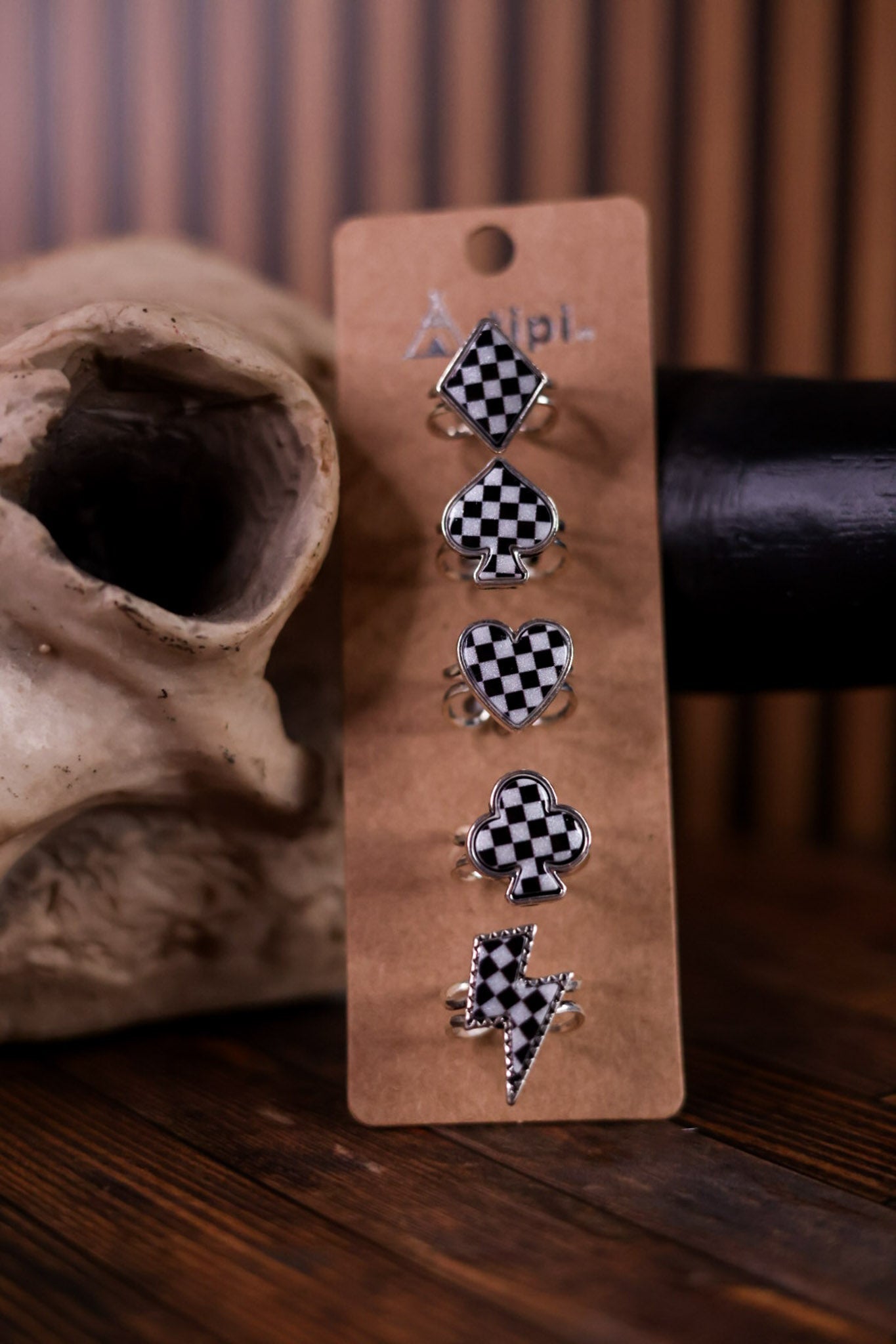 Set of 5 Checkered Western Symbol Rings - Whiskey Skies - SNOWING WEST