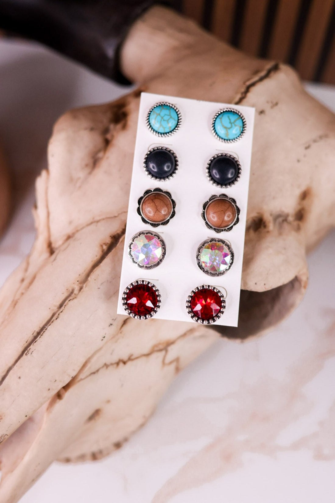 Set Of 5 Concho And Stone Stud Earring Pairs - Whiskey Skies - BOHO RANCH SHOP