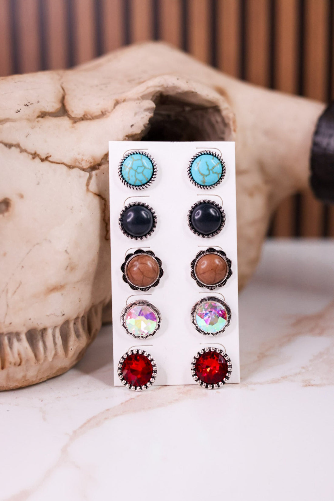 Set Of 5 Concho And Stone Stud Earring Pairs - Whiskey Skies - BOHO RANCH SHOP
