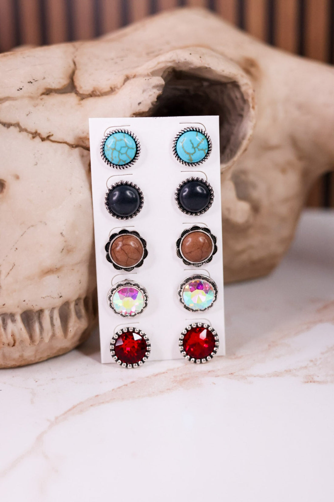 Set Of 5 Concho And Stone Stud Earring Pairs - Whiskey Skies - BOHO RANCH SHOP