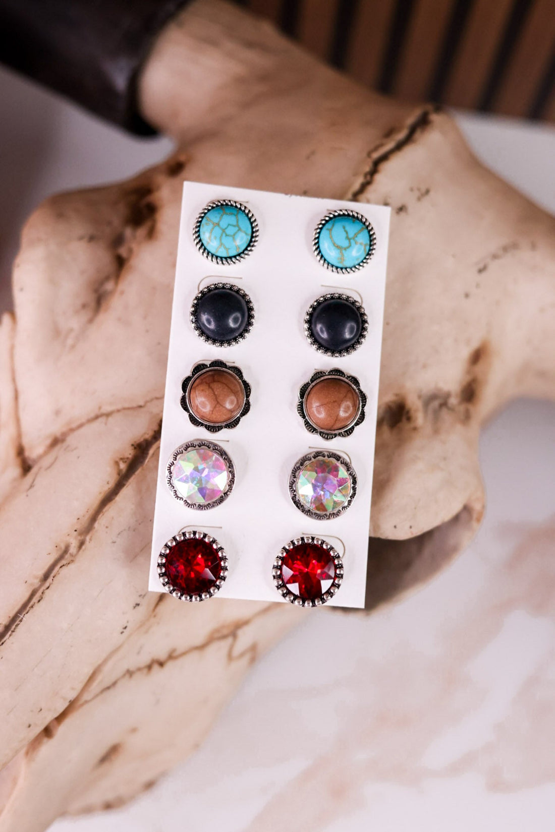 Set Of 5 Concho And Stone Stud Earring Pairs - Whiskey Skies - BOHO RANCH SHOP