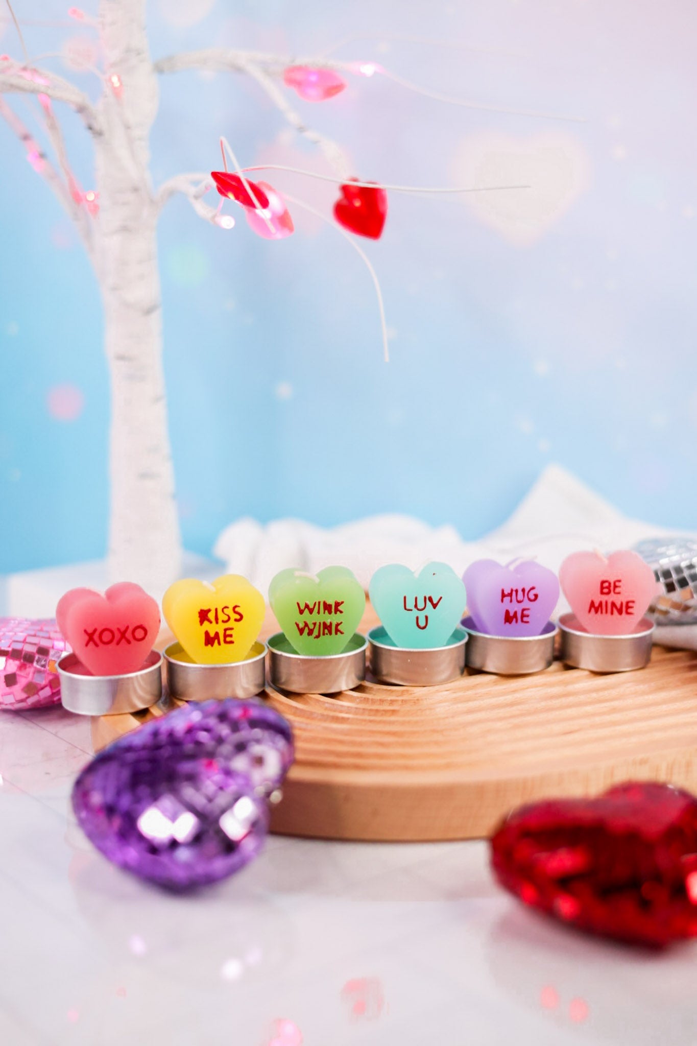 Set of 6 Conversation Heart Tea Light Candles - Whiskey Skies - 180 DEGREES