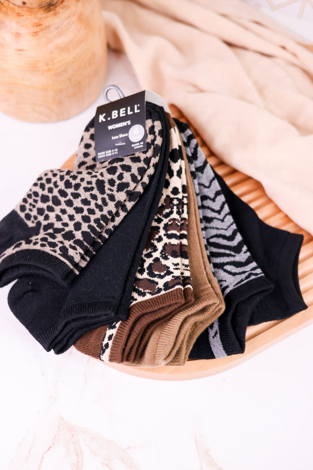 Set Of Six Low Show Leopard & Solid Print Socks - Whiskey Skies - RENFRO SOCKS