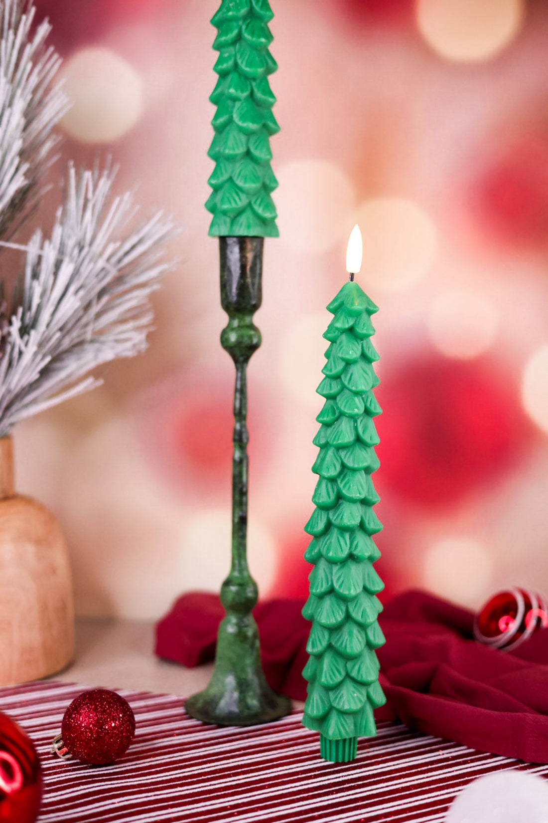 Set Of Two Green Christmas Tree Light Up Taper Candles - Whiskey Skies - RAZ IMPORTS