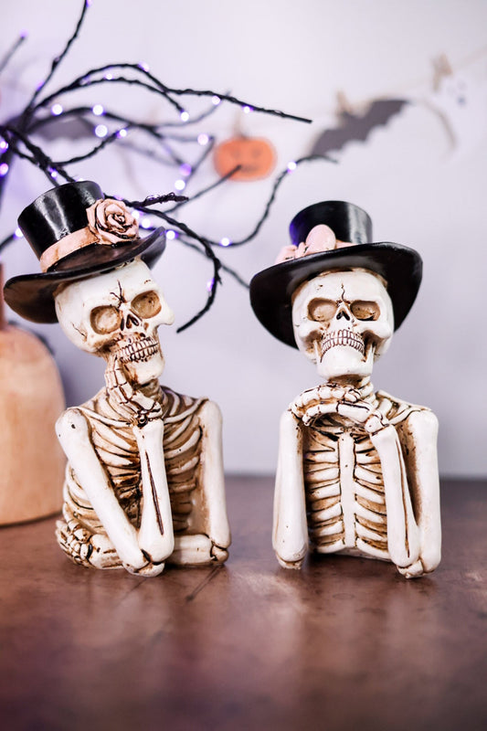 Set Of Two Skeleton In Top Hat Resin Sitters - Whiskey Skies - TRANSPAC