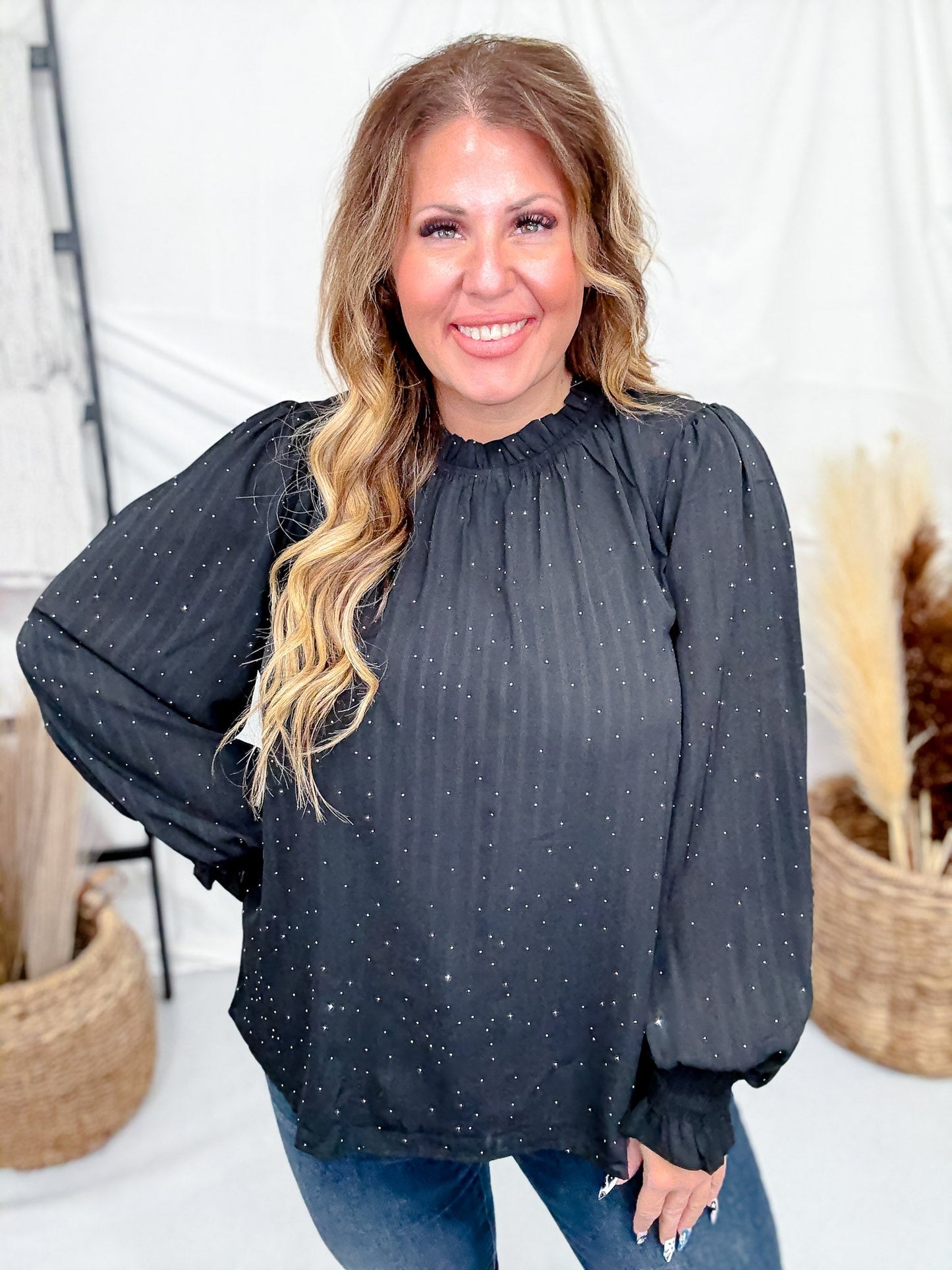 Sheer Black Chiffon Blouse With Rhinestones - Whiskey Skies - ODDI