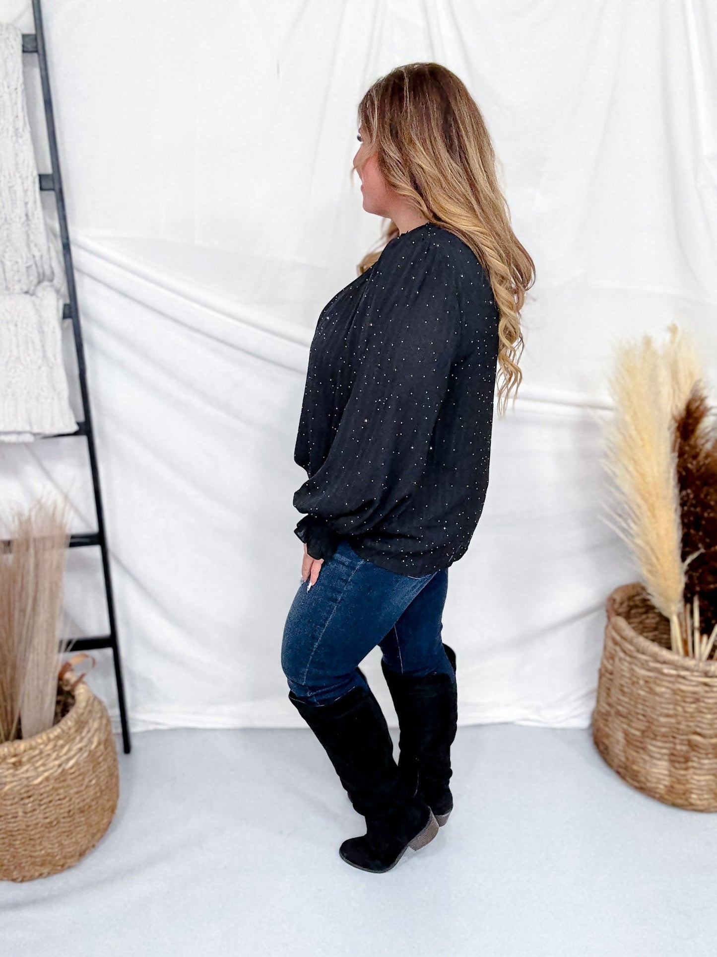 Sheer Black Chiffon Blouse With Rhinestones - Whiskey Skies - ODDI