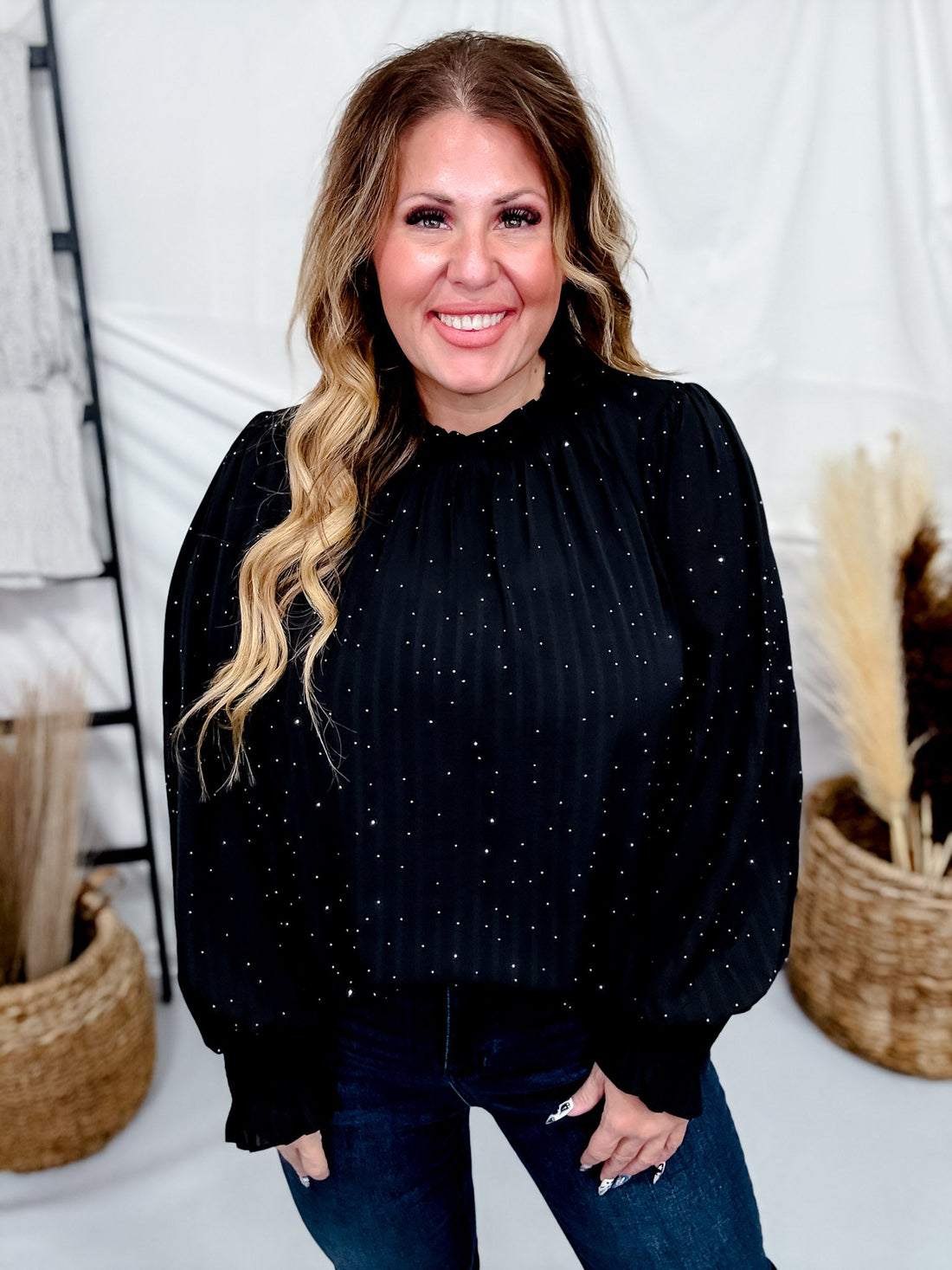 Sheer Black Chiffon Blouse With Rhinestones - Whiskey Skies - ODDI