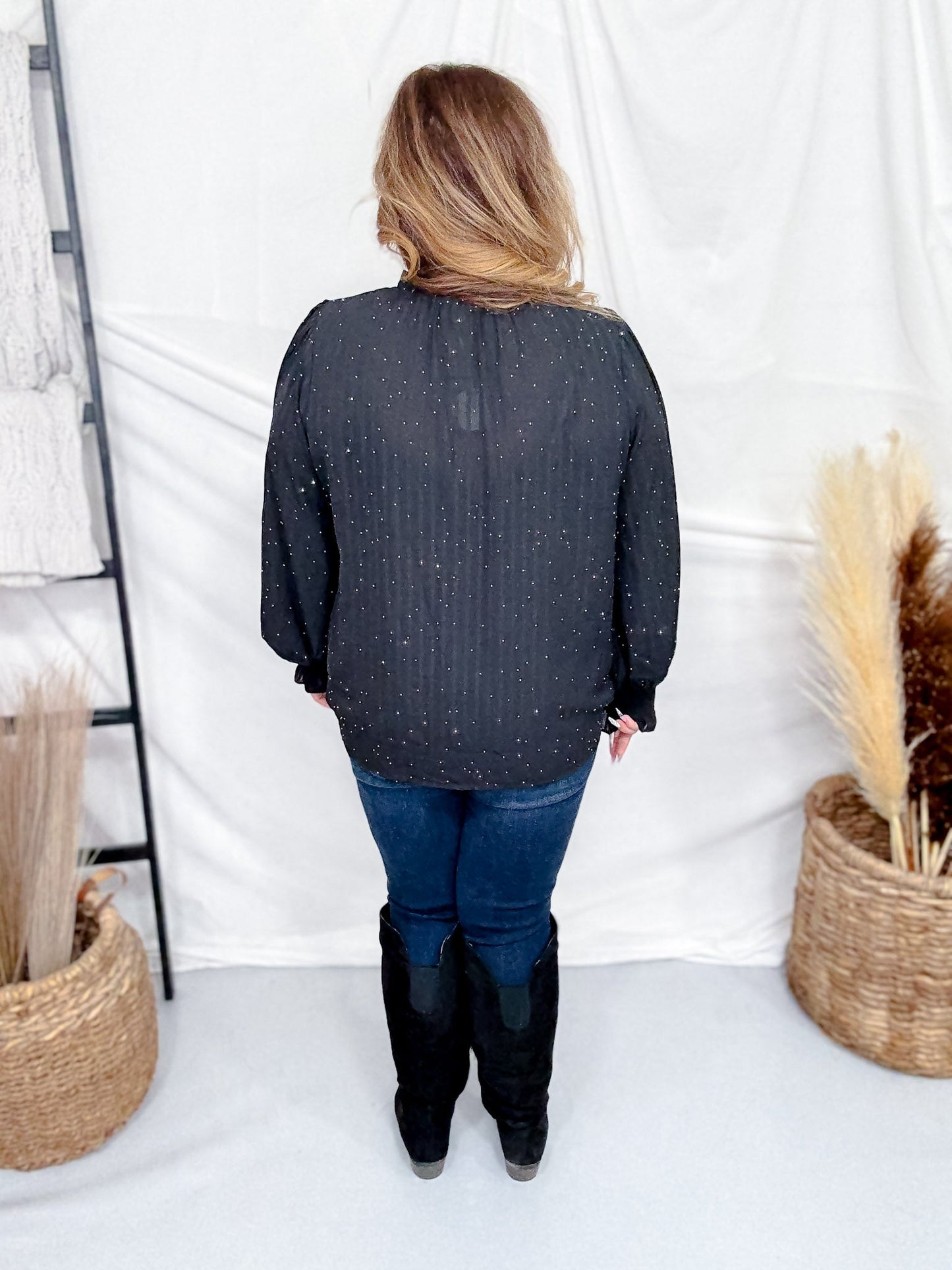 Sheer Black Chiffon Blouse With Rhinestones - Whiskey Skies - ODDI