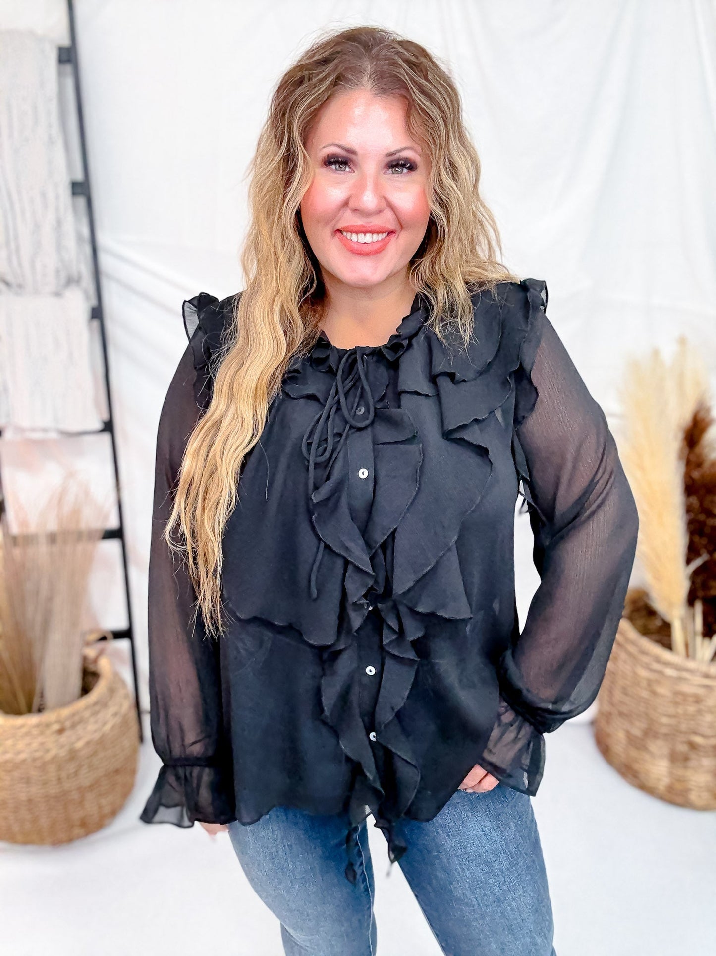 Sheer Chiffon Black Blouse W/ Cascading Ruffle Trim - Whiskey Skies - ODDI