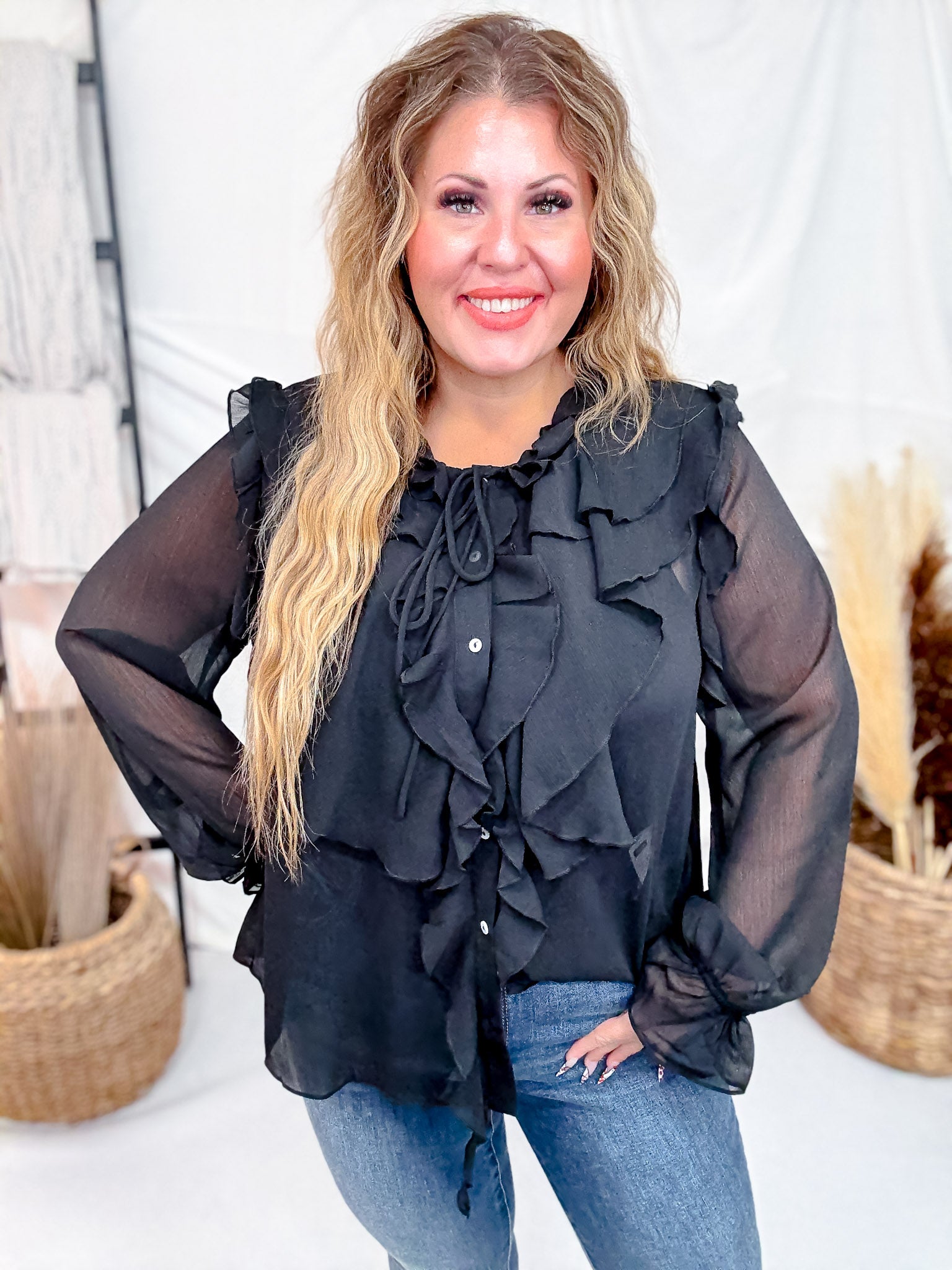 Sheer Chiffon Black Blouse W/ Cascading Ruffle Trim - Whiskey Skies
