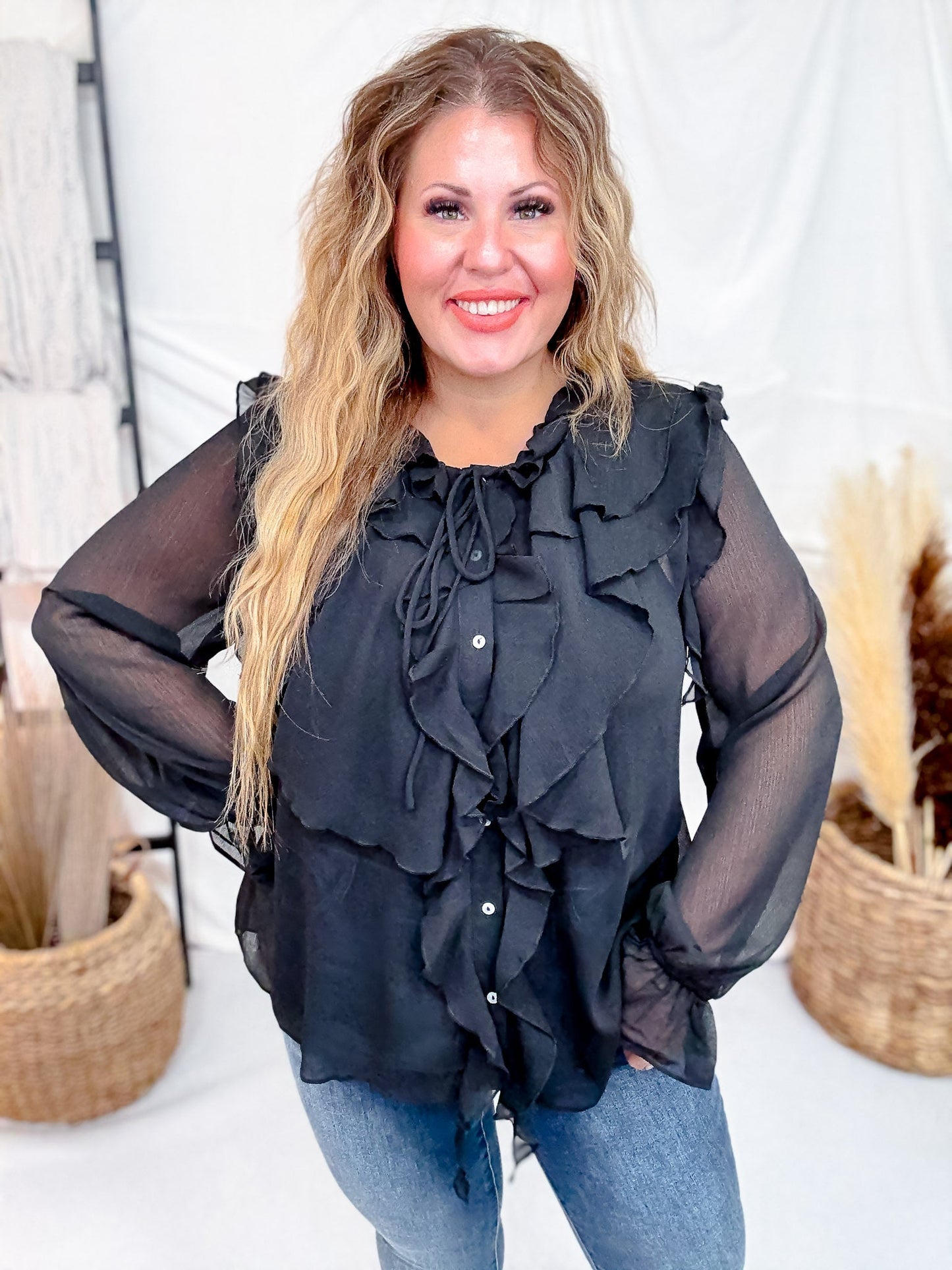 Sheer Chiffon Black Blouse W/ Cascading Ruffle Trim - Whiskey Skies - ODDI