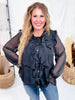 Sheer Chiffon Black Blouse W/ Cascading Ruffle Trim - Whiskey Skies - ODDI