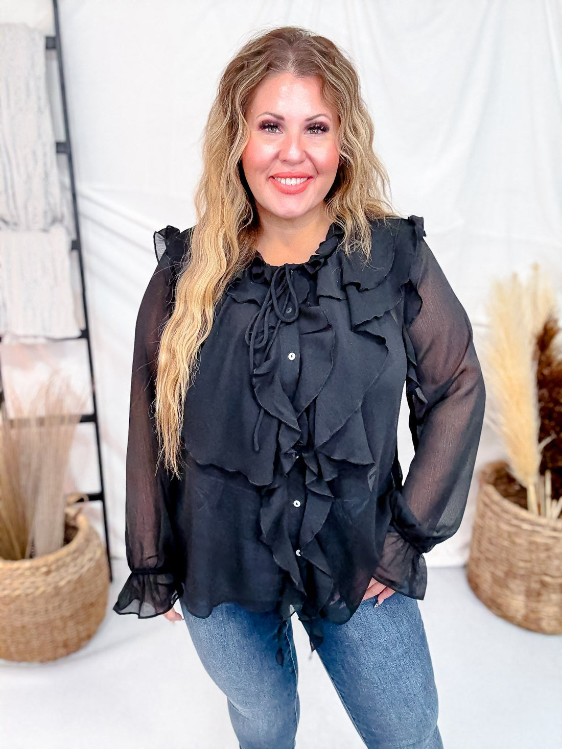 Sheer Chiffon Black Blouse W/ Cascading Ruffle Trim - Whiskey Skies - ODDI