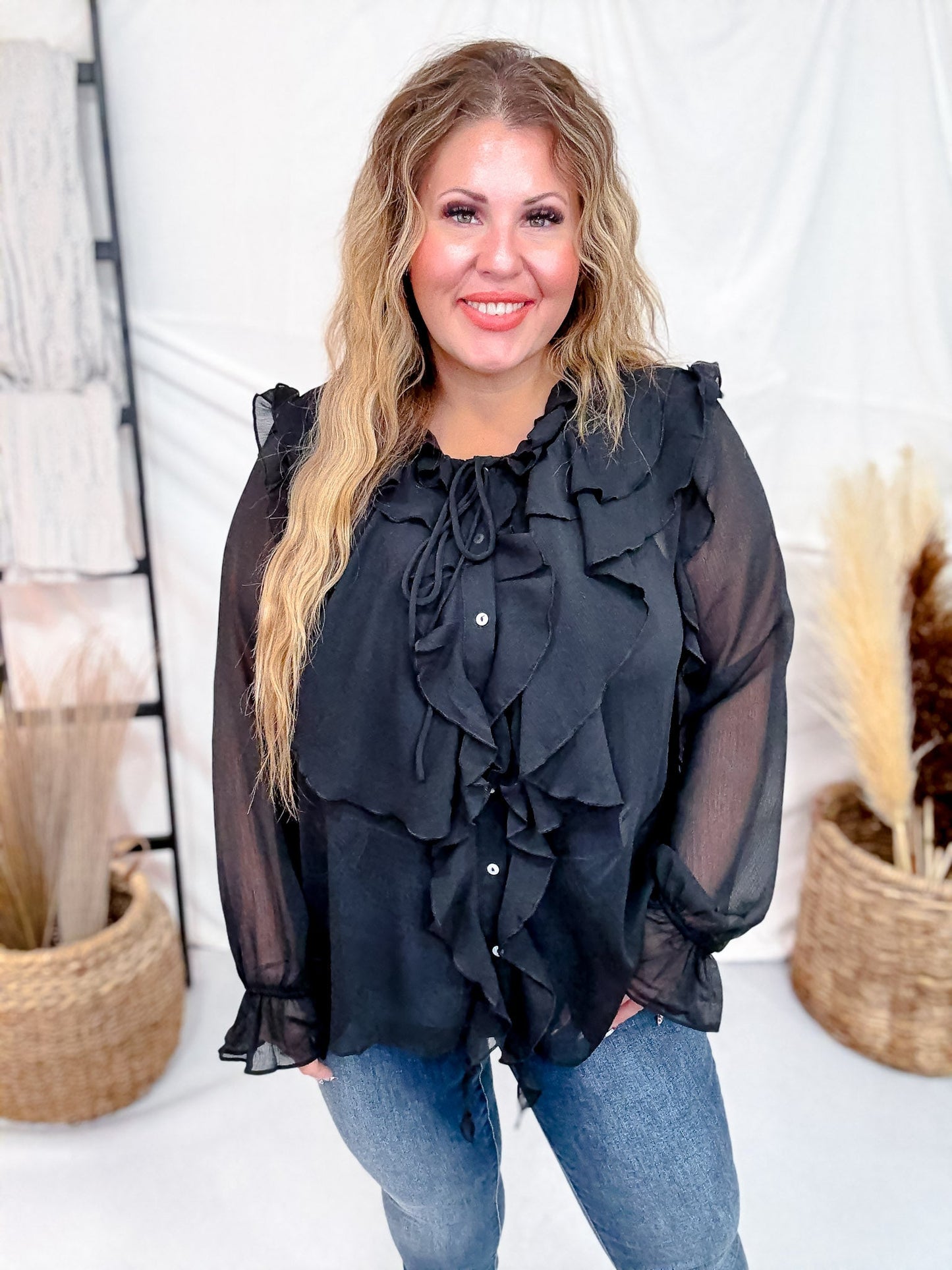 Sheer Chiffon Black Blouse W/ Cascading Ruffle Trim - Whiskey Skies - ODDI