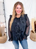 Sheer Chiffon Black Blouse W/ Cascading Ruffle Trim - Whiskey Skies - ODDI