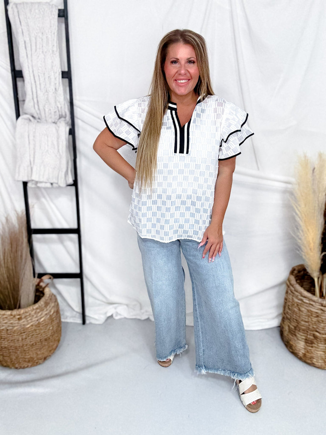Sheer White Checkered Texture Top With Ruffle Sleeves - Whiskey Skies - SOUTHERN GRACE
