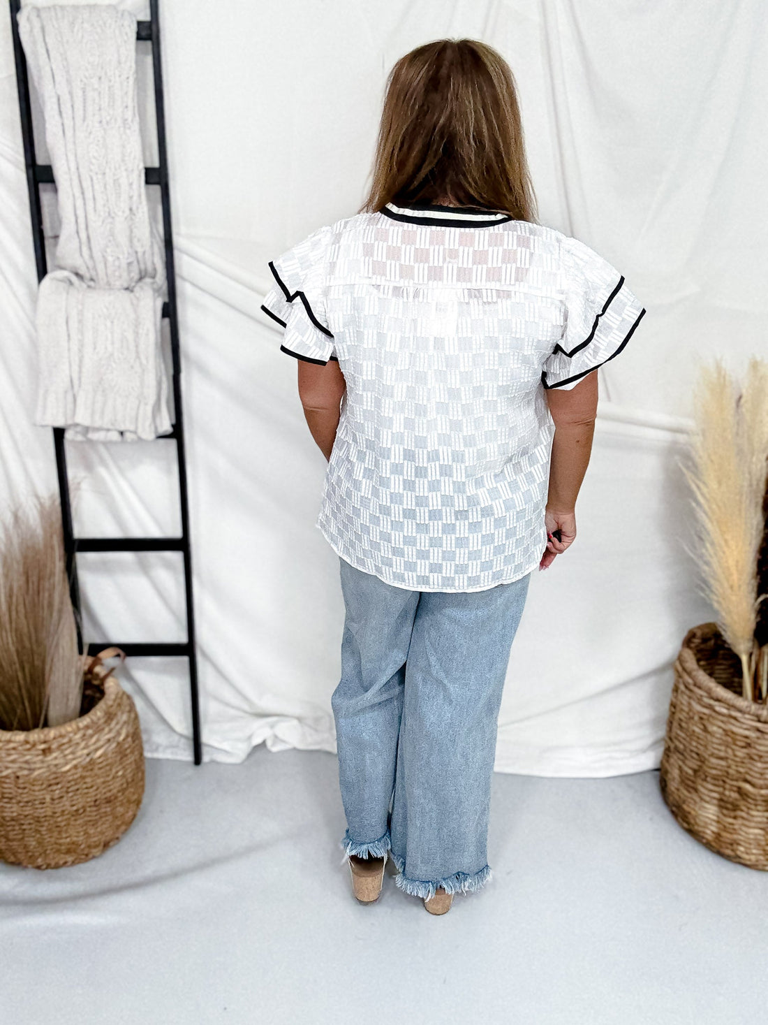 Sheer White Checkered Texture Top With Ruffle Sleeves - Whiskey Skies - SOUTHERN GRACE